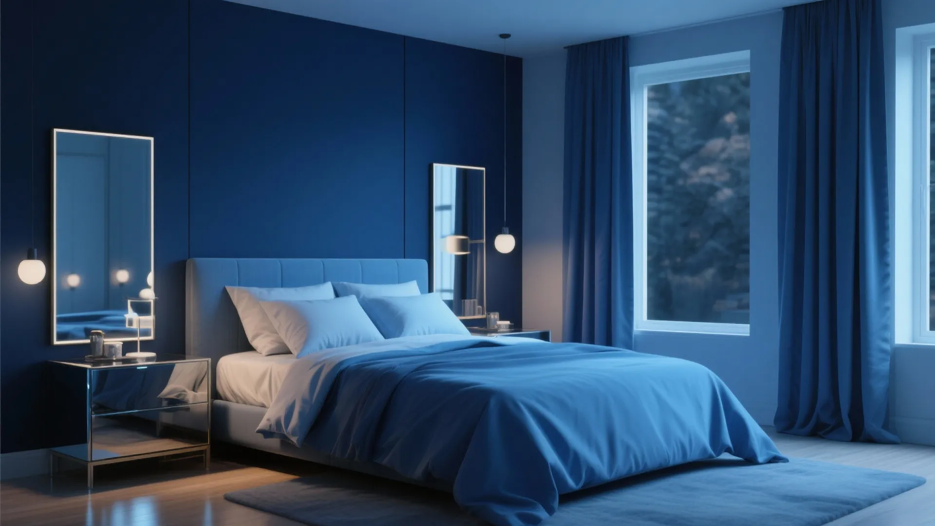 2. Navy accent wall with lighter blue textiles