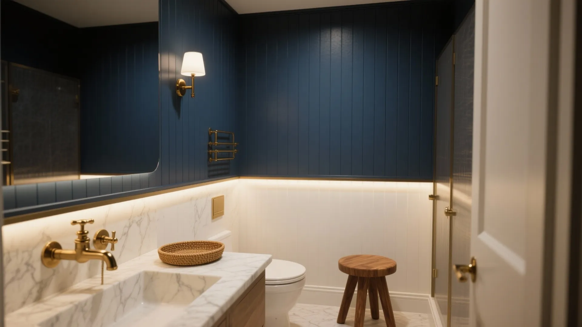 Deep navy accent for hotel drama