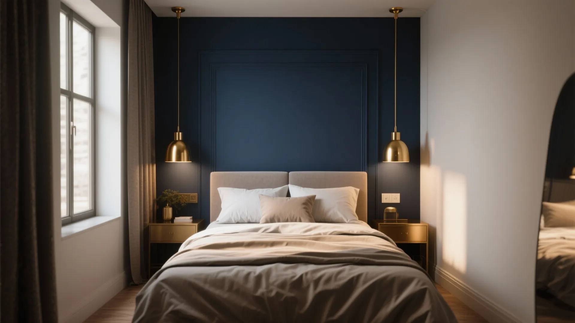 Navy blue accent wall bedroom featuring gold hanging lights, beige bed, and two gold cabinets