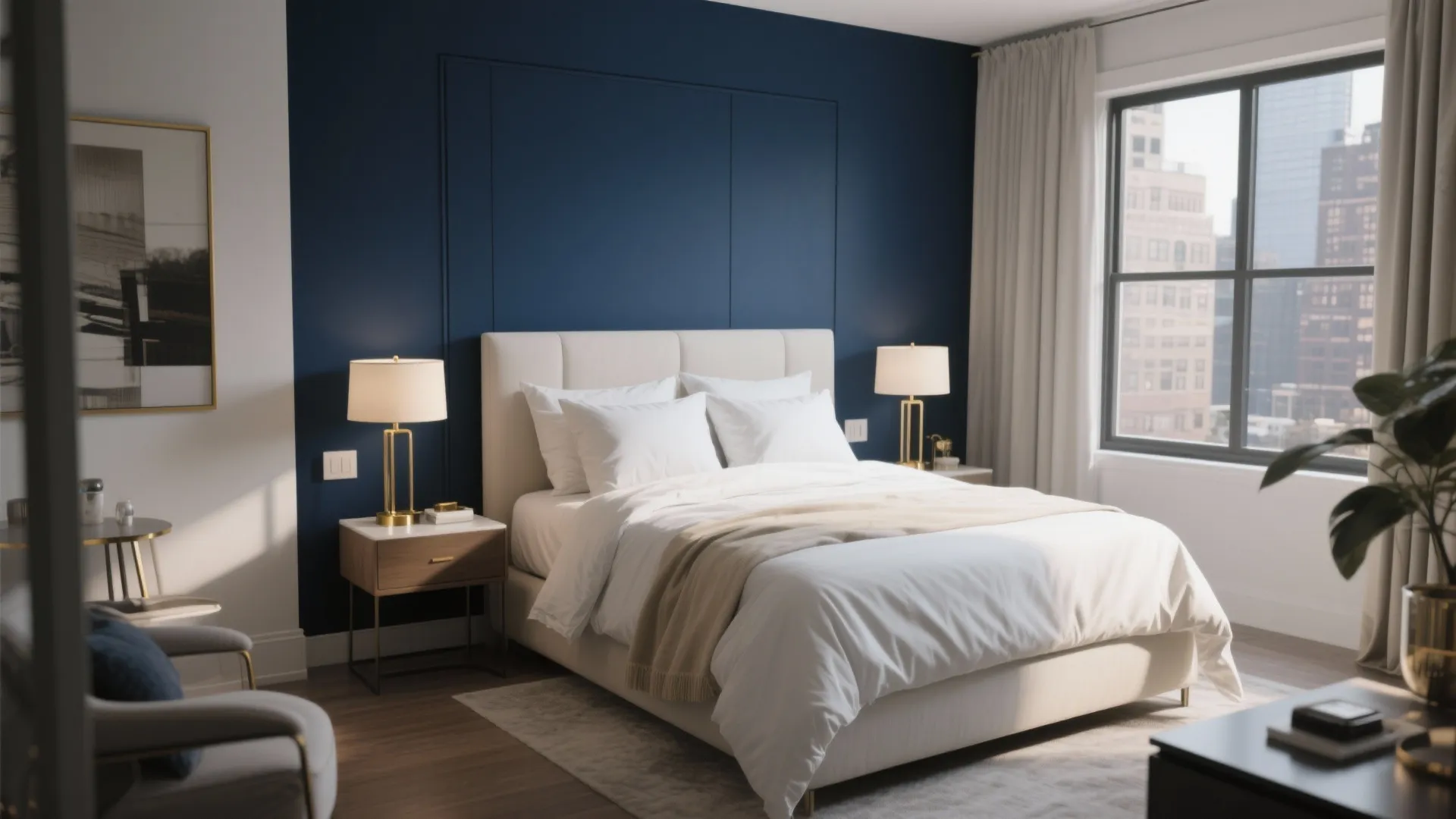 Modern bedroom with navy blue wall white bed wooden side table lamps and bright city windows