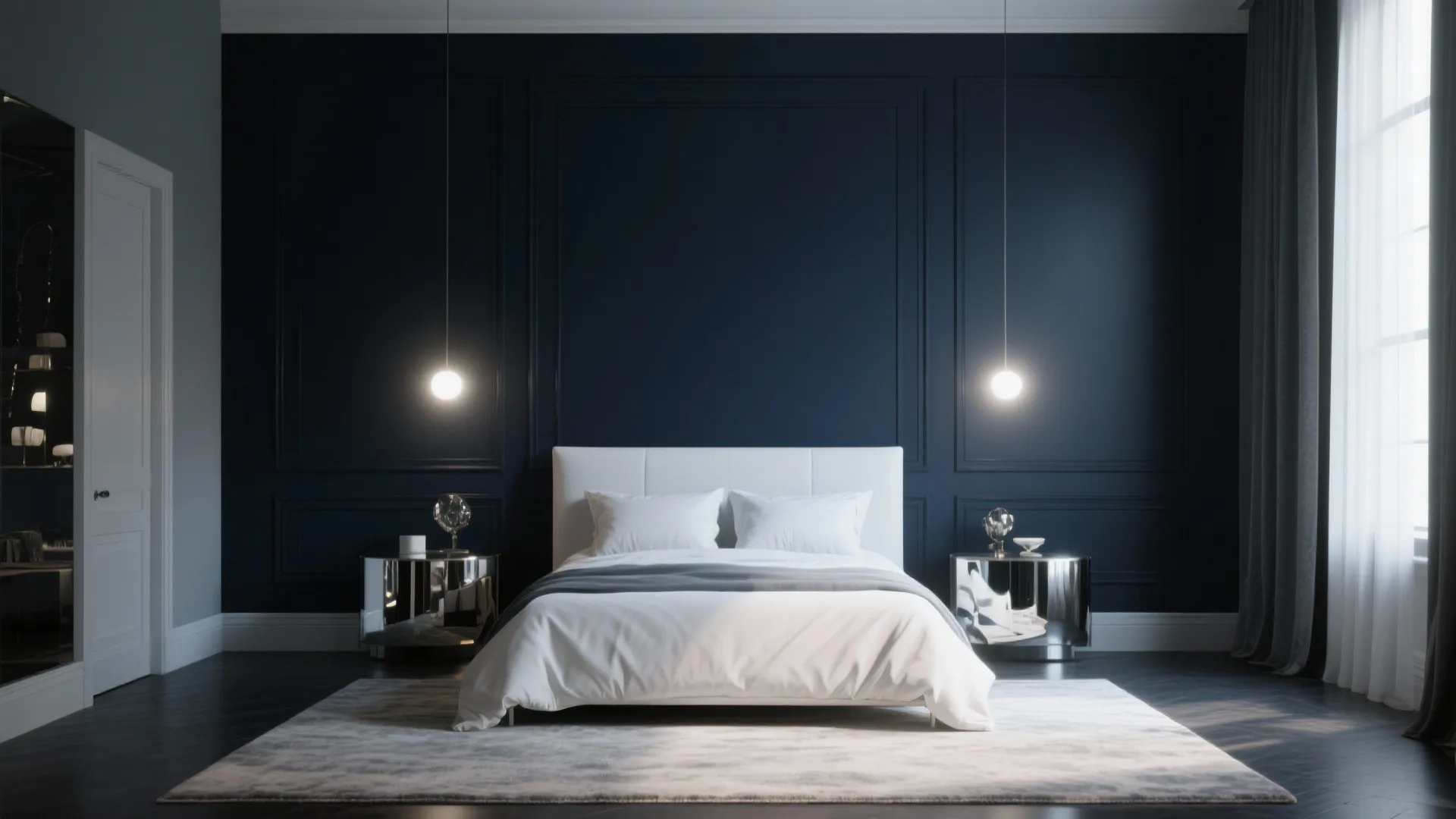Luxury bedroom with navy blue wall panel white bed silver side tables and hanging ceiling light