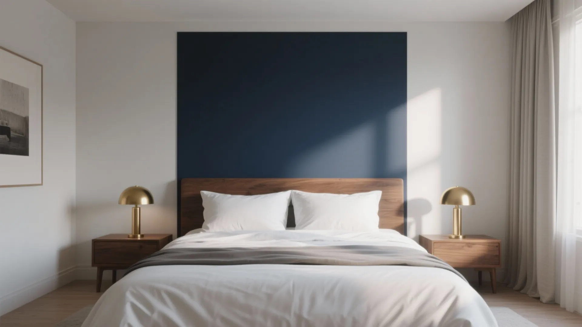 Modern bedroom with navy blue accent wall, wooden headboard, white bedding, and gold table lamps