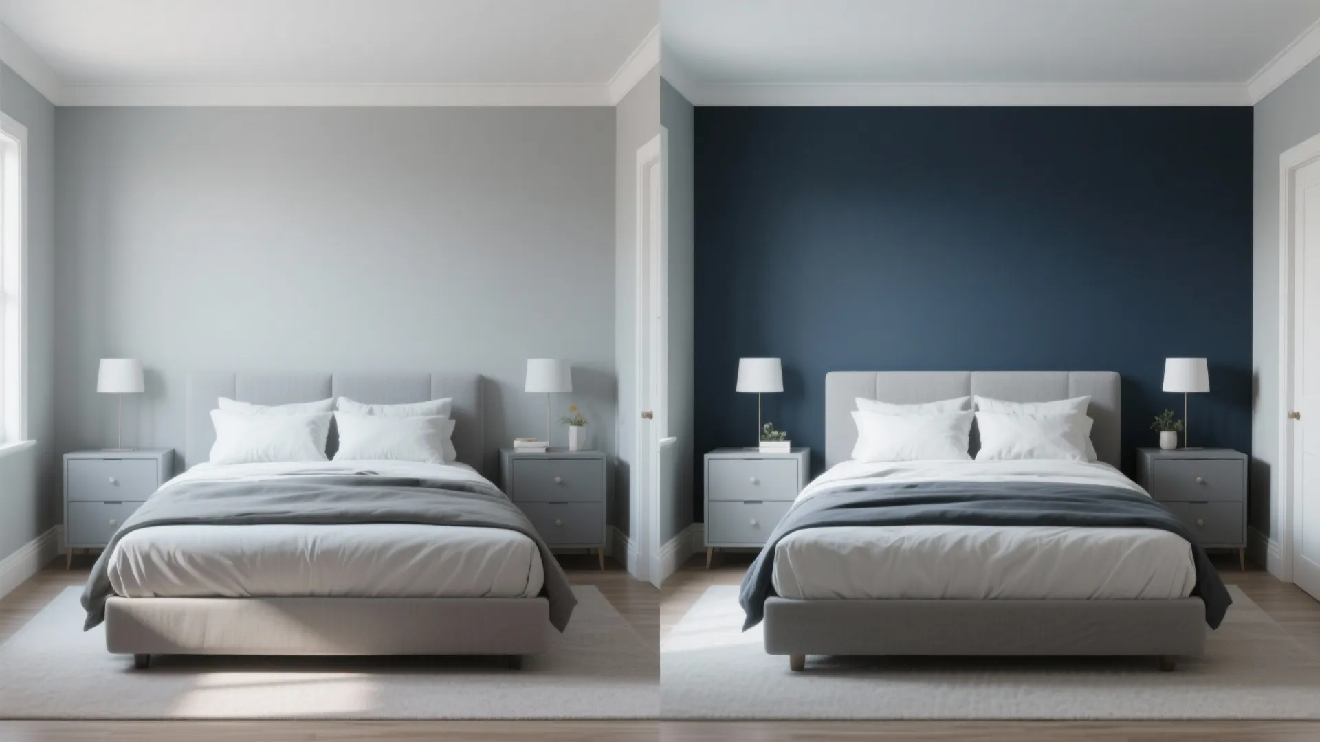 3. Navy Accent Wall with Light Gray Furnishings