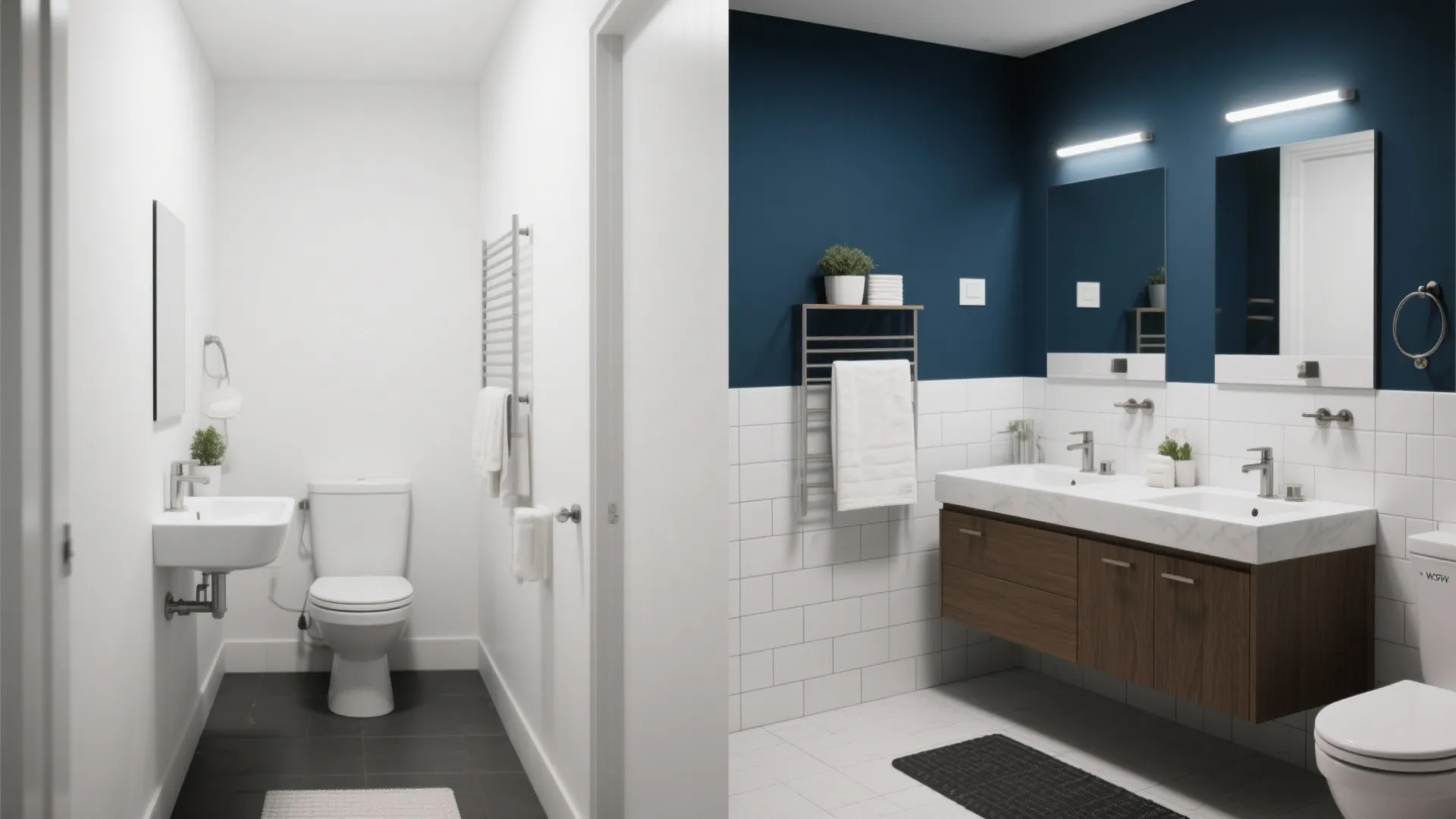 Before and after comparison of small white bathroom versus modern bathroom with navy blue accent walls
