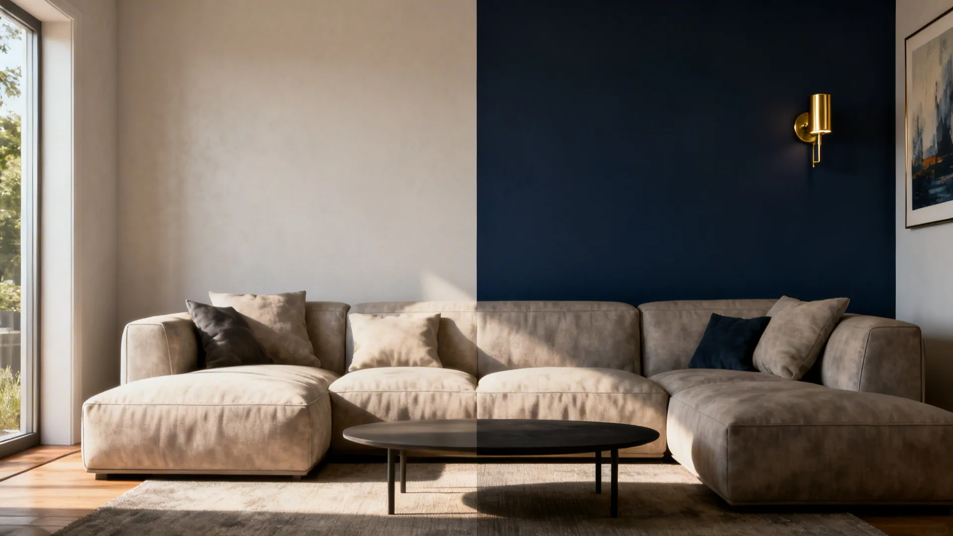 Before and after of a small living room with a deep navy accent wall behind the sofa.