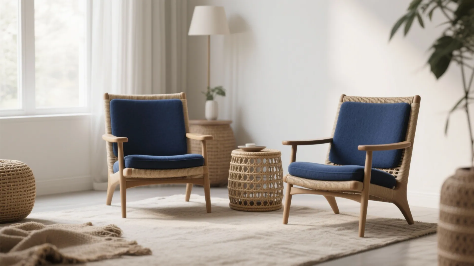 Navy accent chairs paired with rattan and jute textures in a neutral living room