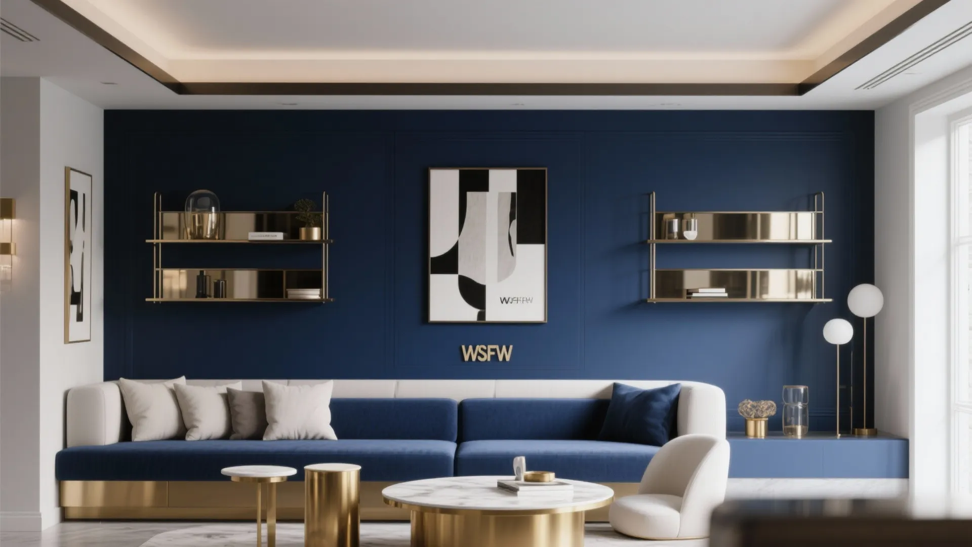 Contemporary living room with dark blue wall panels gold wall shelves and blue velvet sofa