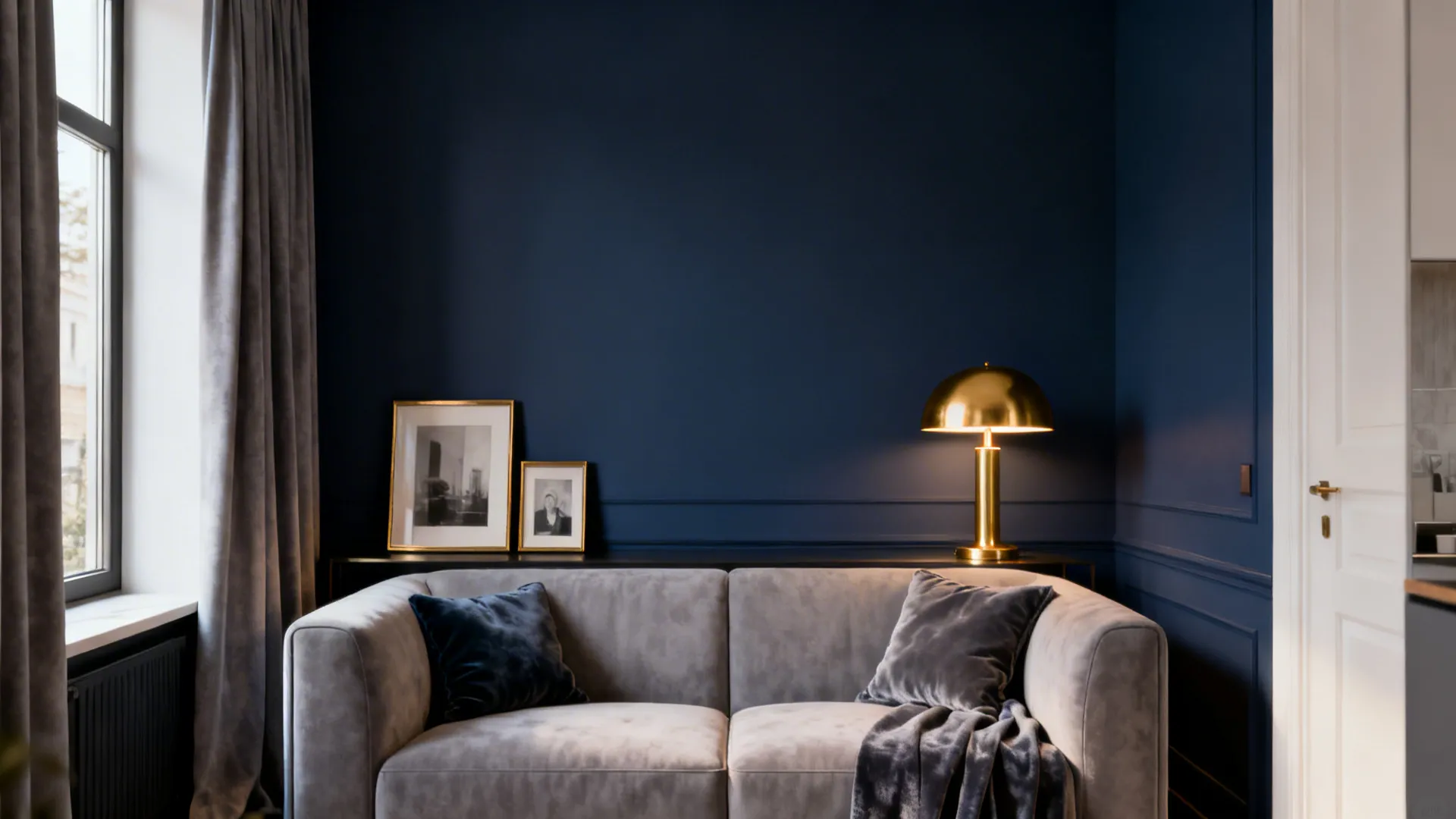Navy accent wall with soft grey sofa and warm gold lamp in a small apartment