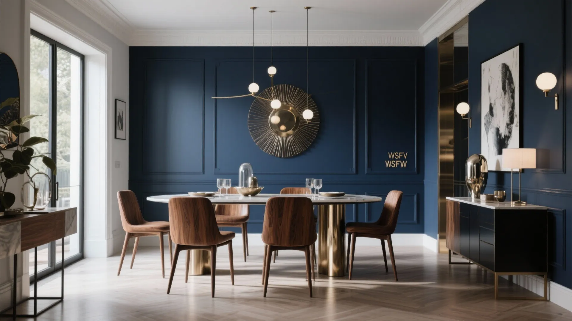 Modern dining room with navy blue wall panel wooden chairs marble table and gold ceiling light