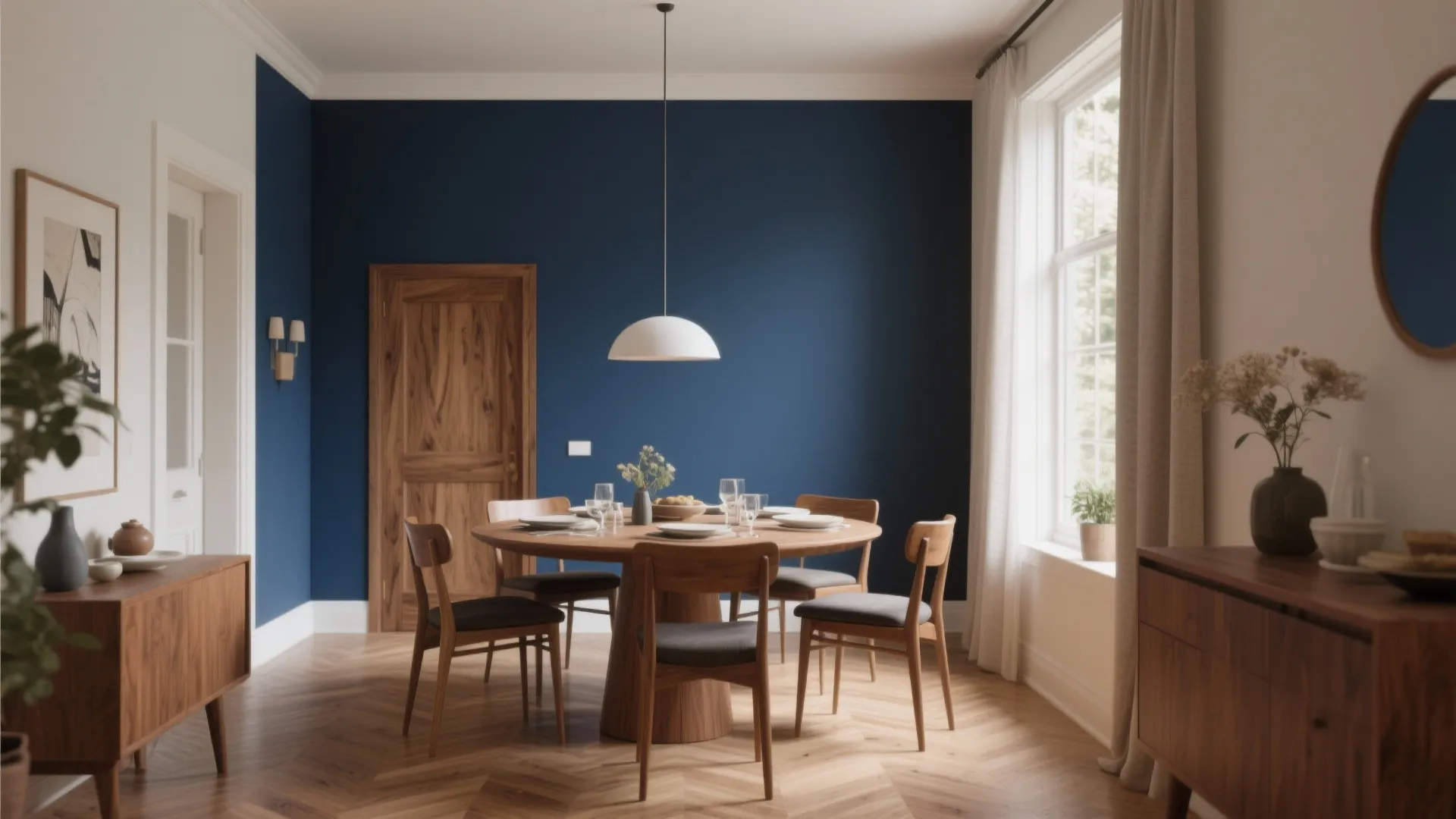 Dining room with a deep navy accent wall and wooden furniture