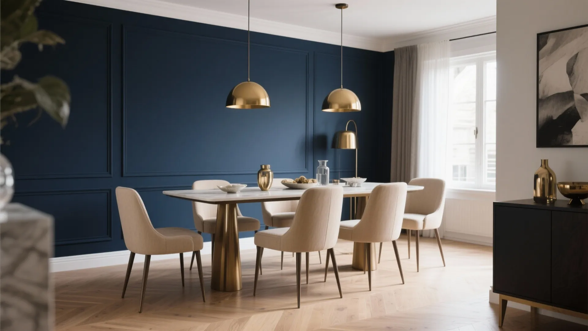Navy blue dining room with wall panels, marble table, beige chairs, gold ceiling lights and wood