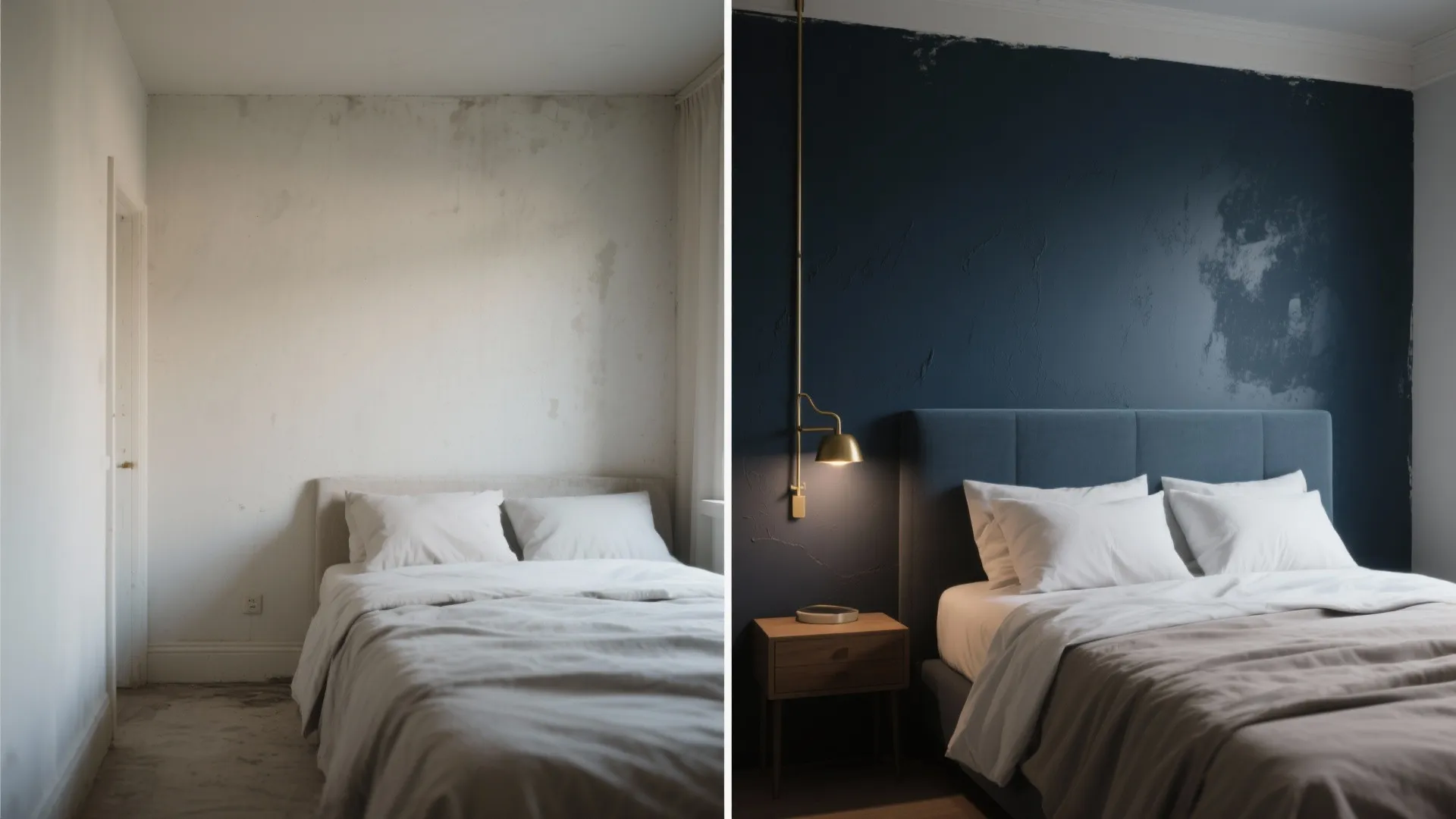 Before and after comparison of a plain white bedroom wall transformed into a dark navy