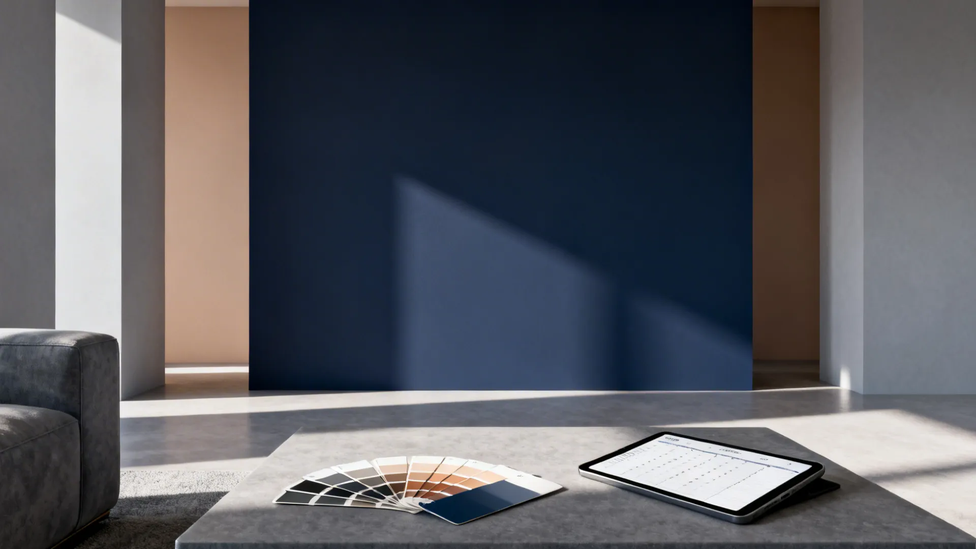 Room showing a deep navy feature wall with warm light grey surrounding walls and a tablet with a room planner