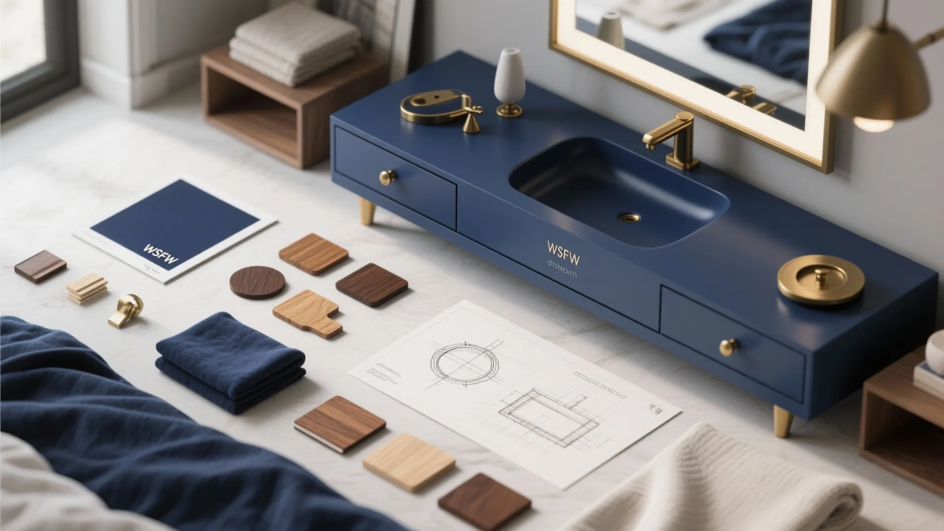 Navy blue bathroom cabinet with gold faucet surrounded by wood samples and technical design drawing
