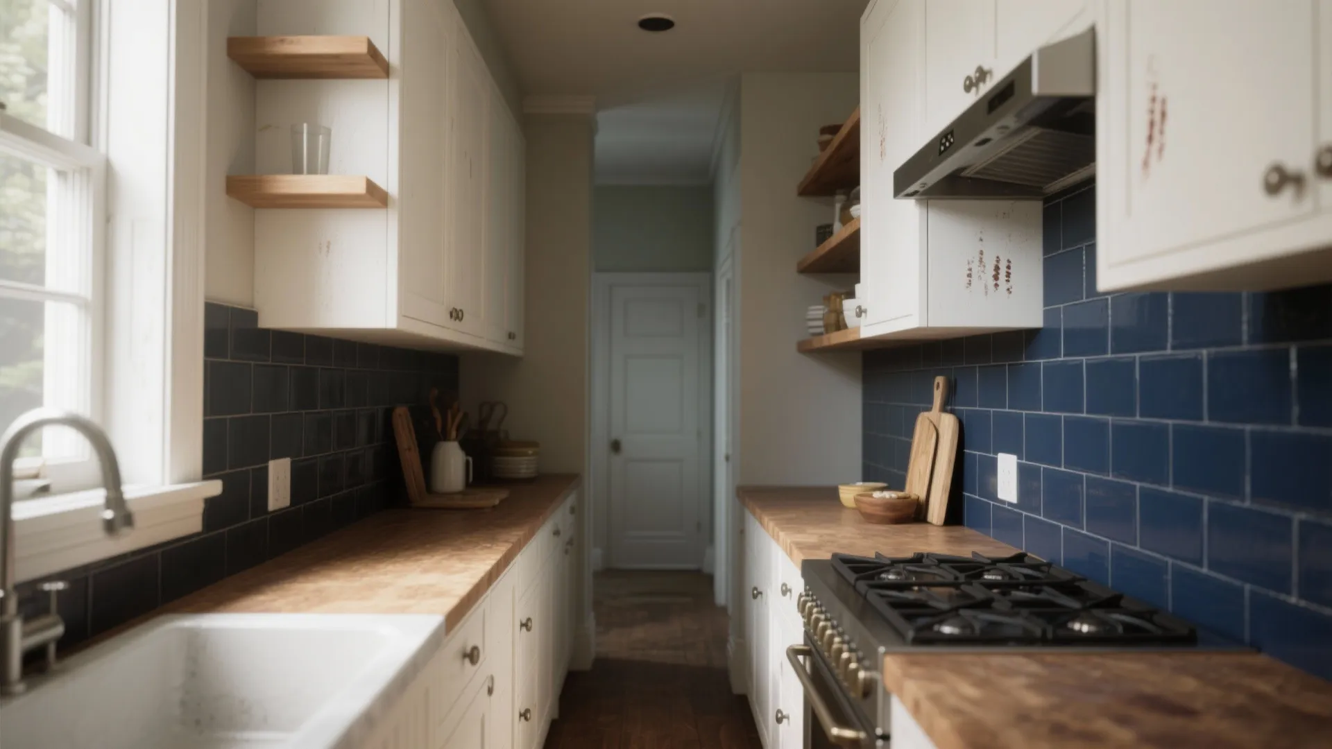Small galley kitchen with navy blue wall tiles white cabinets wooden countertops and gas stove