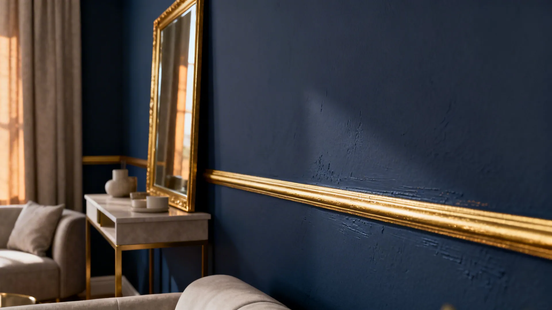 Accent wall painted deep navy with slim gold picture rail and mirror above a console