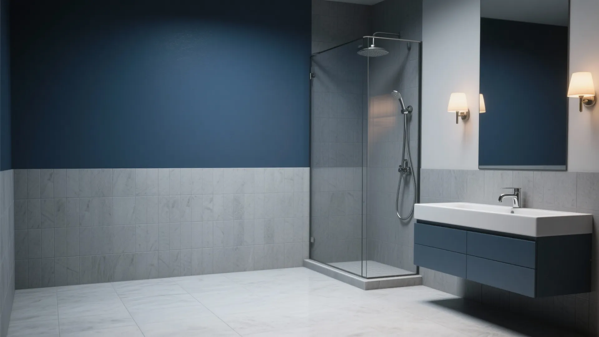 1. Navy Accent Wall with Large Gray Tiles