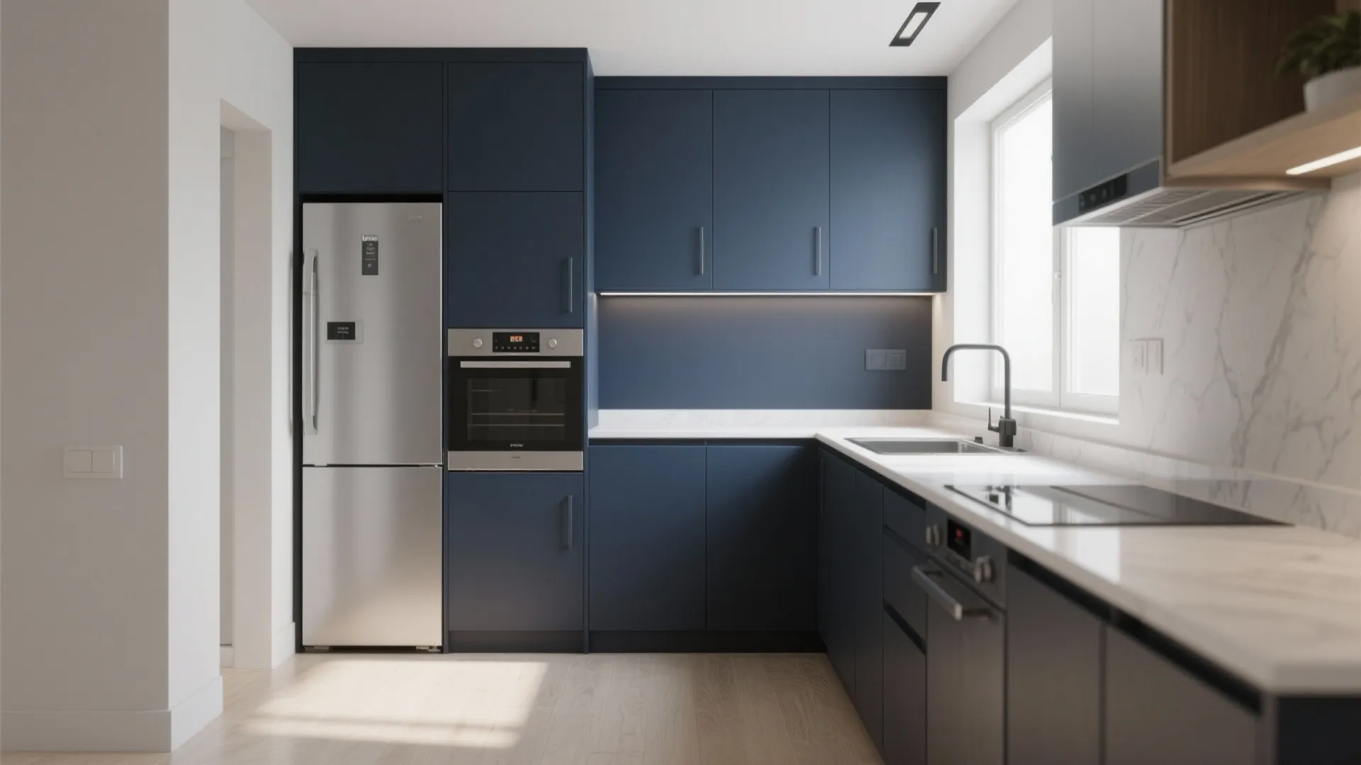 3. Navy Accent Wall With Integrated Appliances