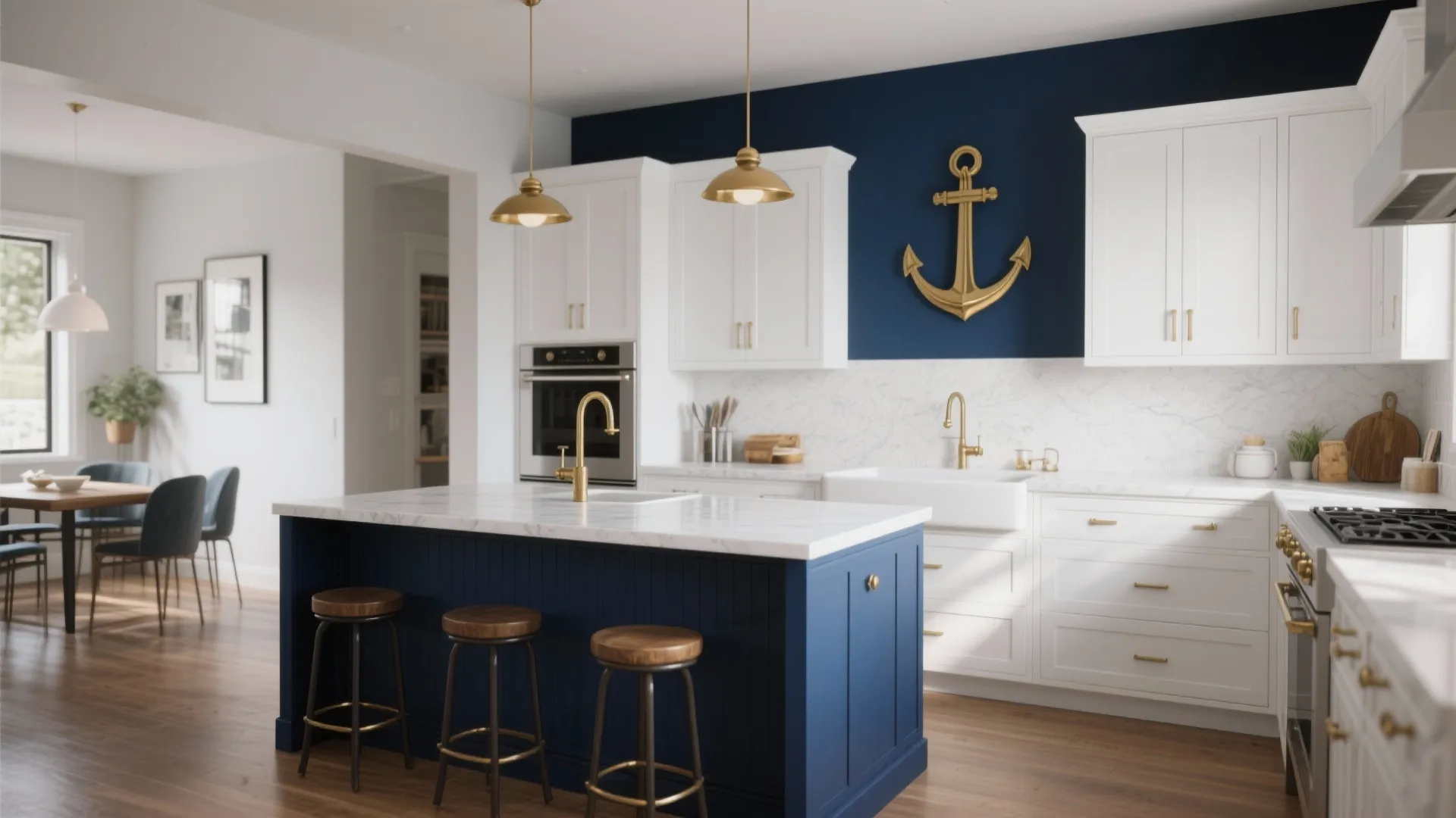 Open-plan kitchen with white cabinets and a single deep navy accent wall with brass hardware