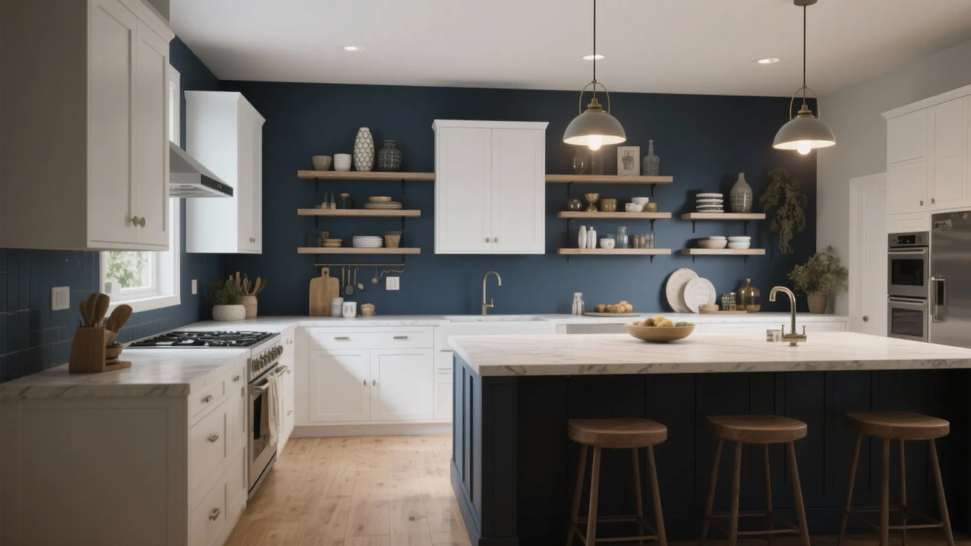 Navy blue kitchen wall with white cabinets wooden shelves marble island and three wood stools