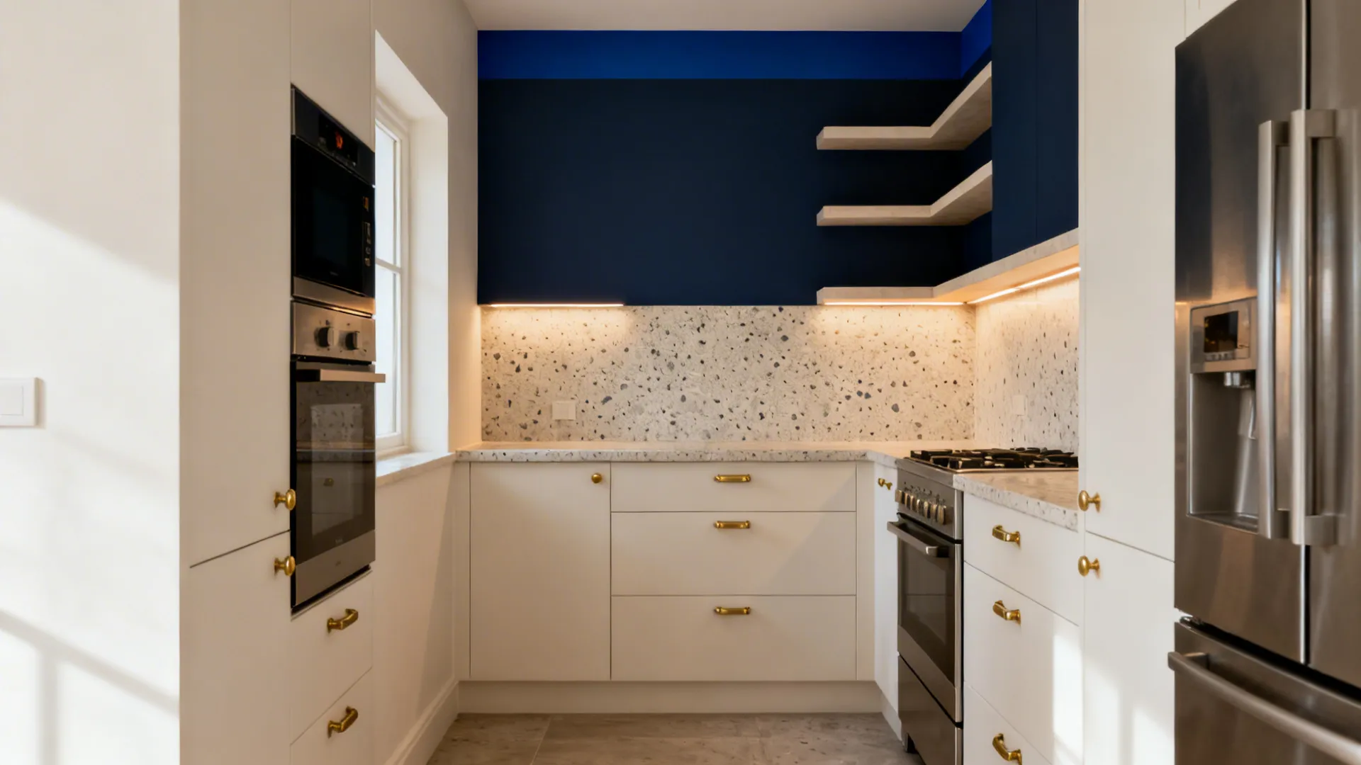 Small kitchen with a navy accent wall, off-white surrounds, terrazzo, and brass details.