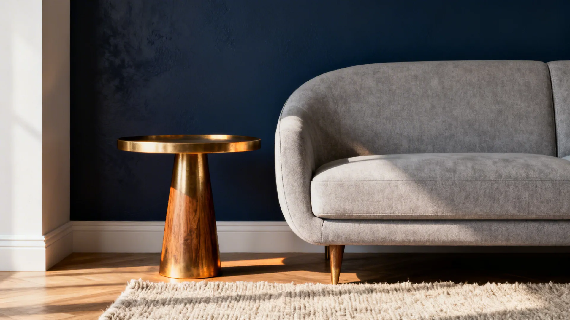 Living room with a deep navy accent wall behind a light grey sofa, brass accents and wooden side table.