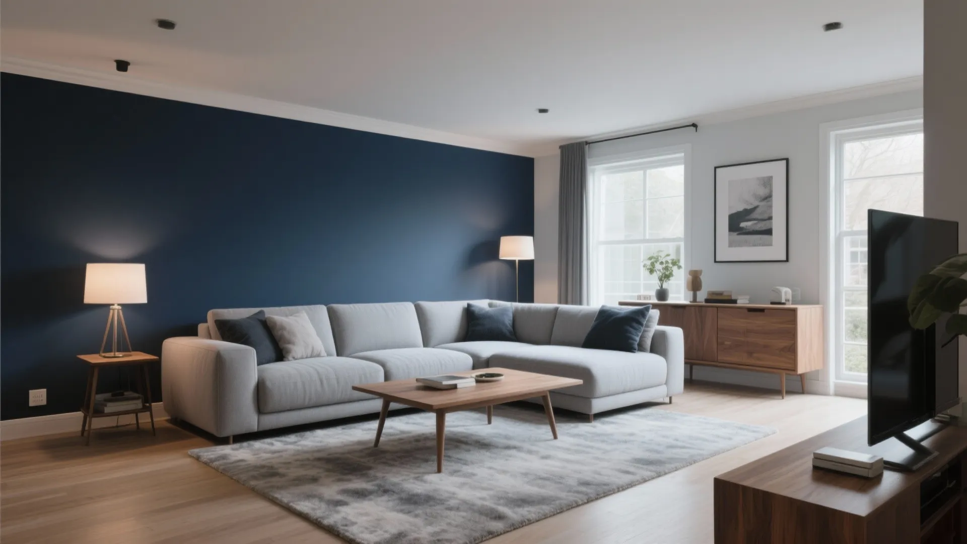 Living room with navy blue wall grey sofa wooden coffee table and warm light fixture