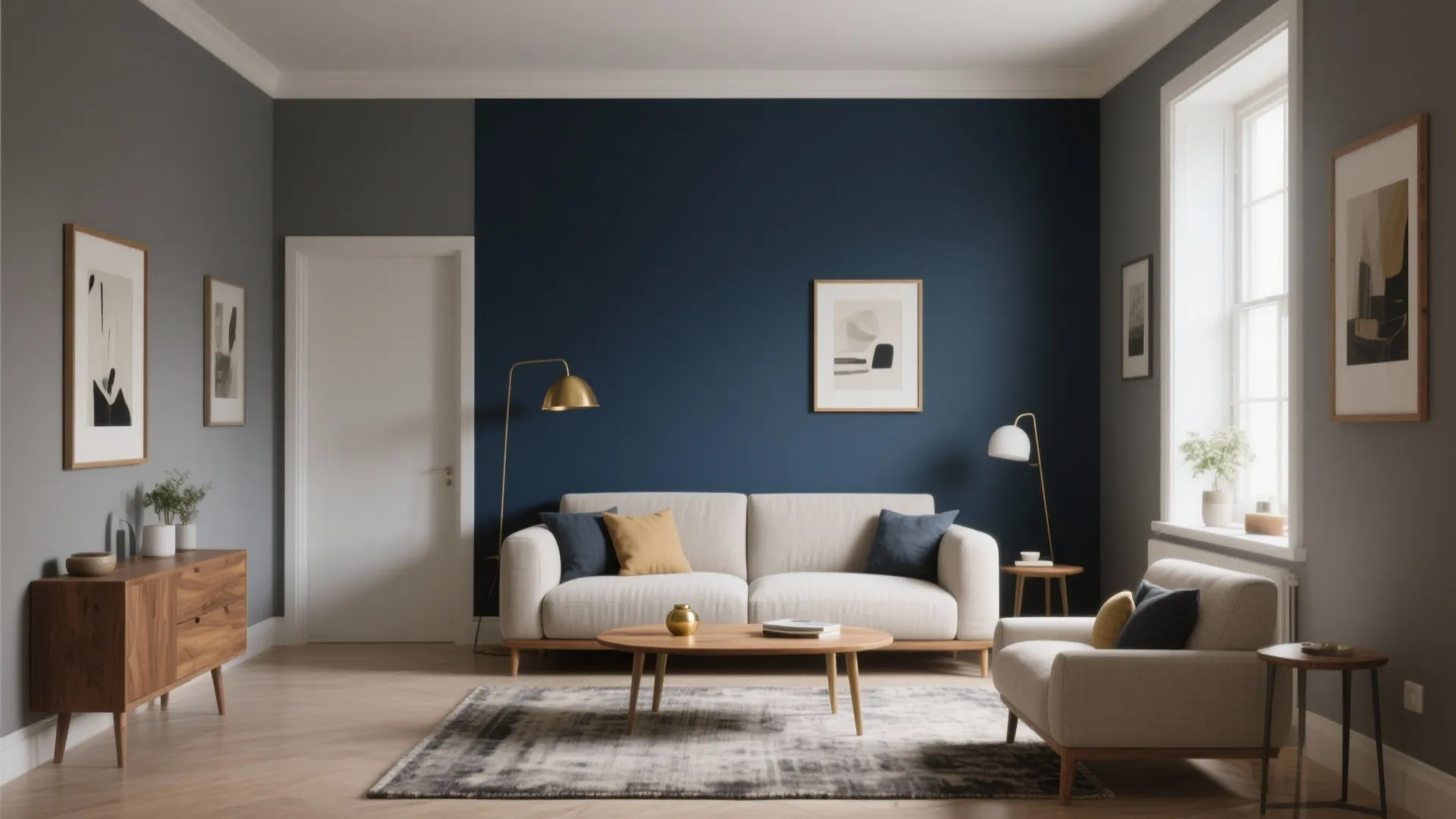 Living room with blue accent wall white sofa wooden coffee table floor lamps and framed art