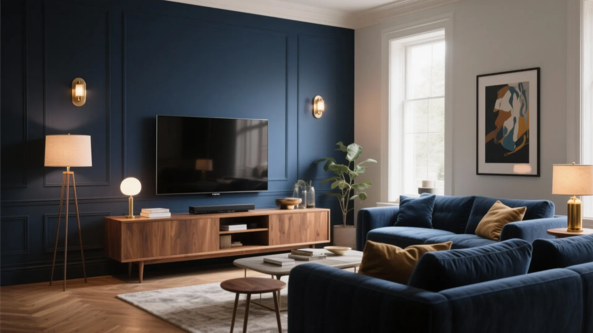 Elegant living room with navy blue wall panel wooden cabinet television blue sofa and gold lights