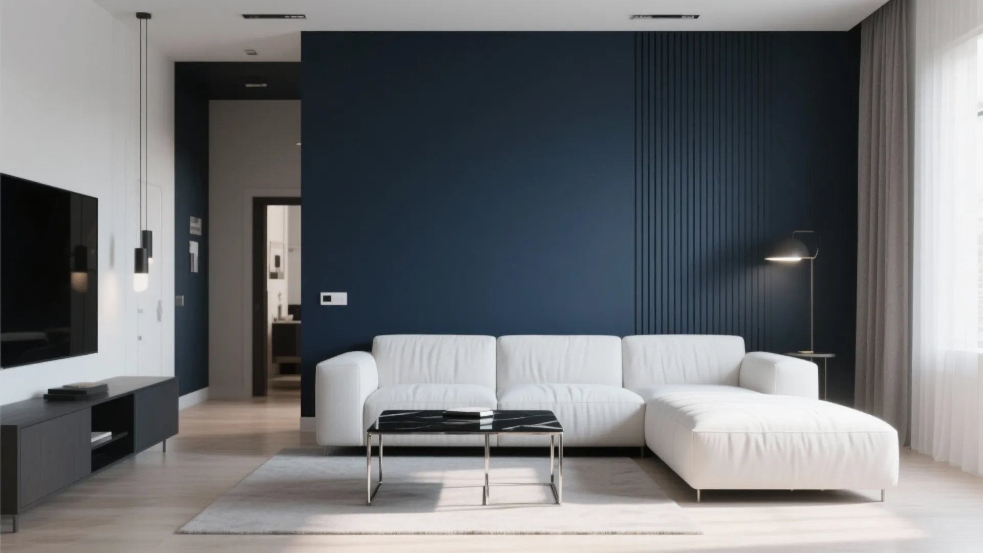 1. Navy Accent Wall with Minimalist Furnishings