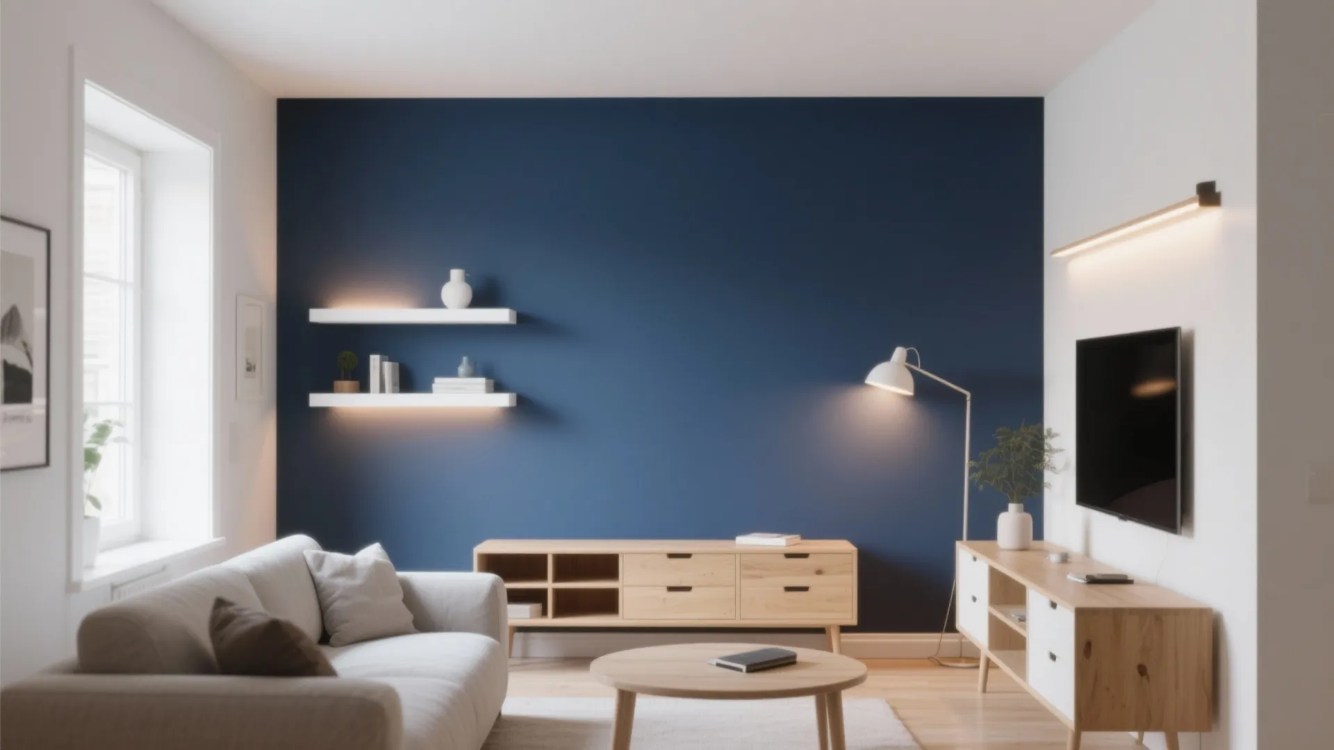 1. Navy Blue Accent Wall with Minimalist Decor