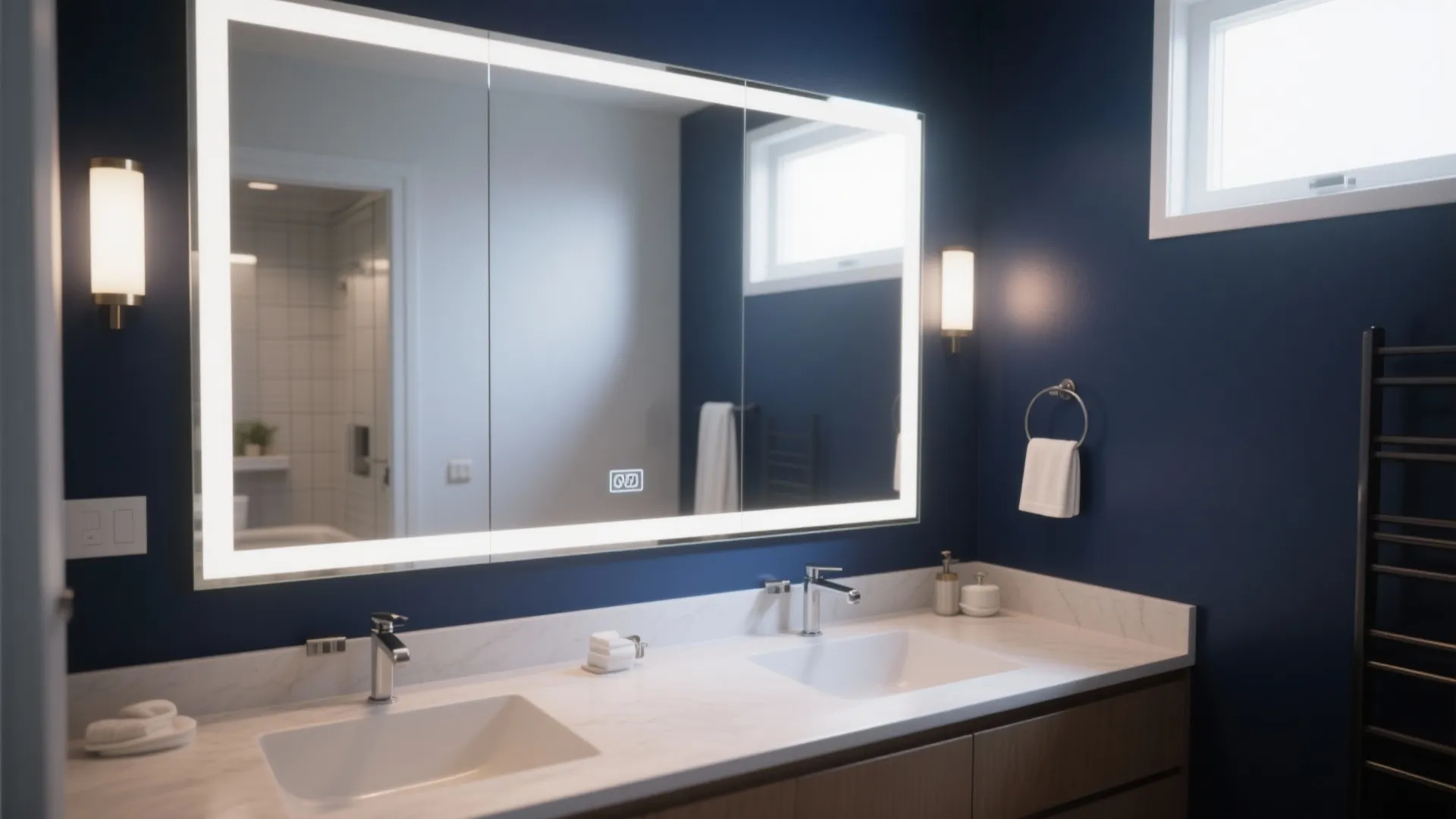 4. Navy Accent Wall + Large Mirrors