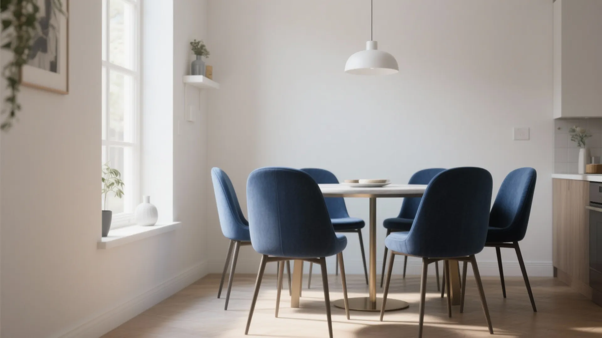 Modern dining room with round white table six blue chairs white walls and ceiling light