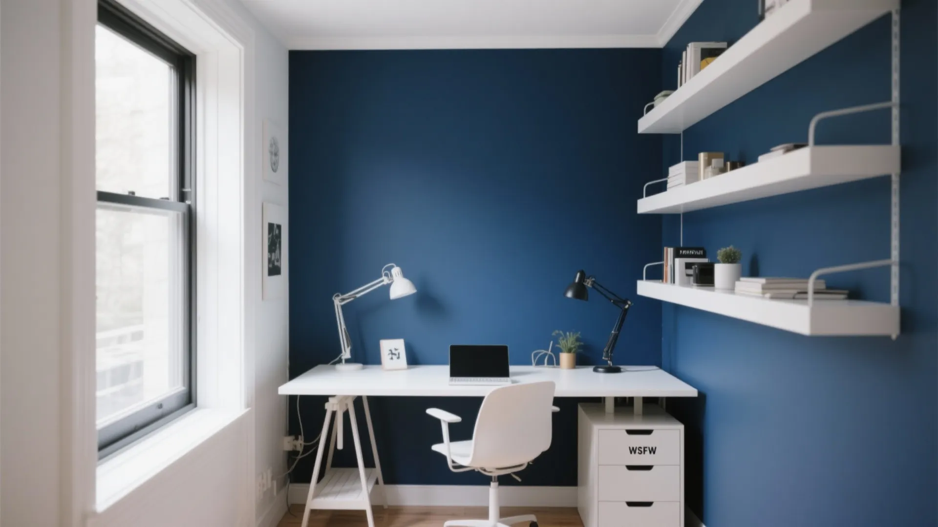 Navy blue accent wall home office with white desk white chair white shelves and laptop