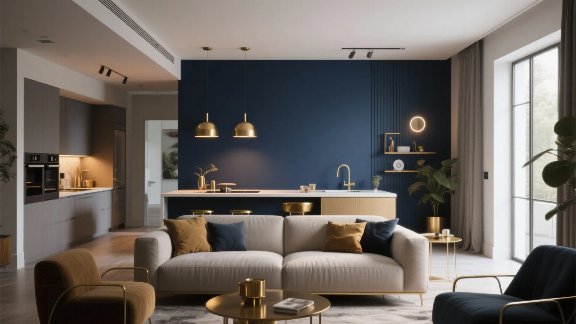 Modern open living room with navy blue accent wall beige sofa gold ceiling lights and kitchen