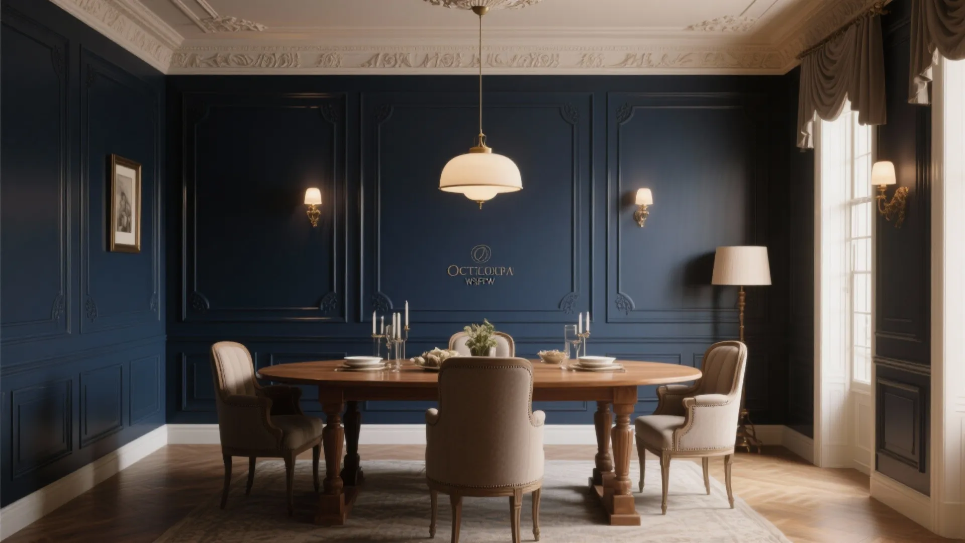 Navy blue dining room with wall panel wooden table beige chairs white ceiling light window