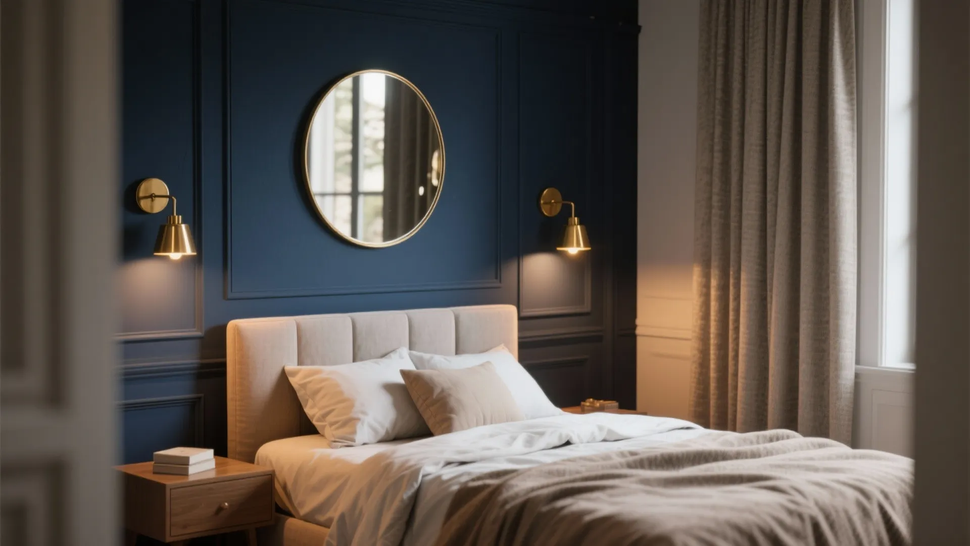 Small bedroom with a navy accent wall balanced by brass sconces and a mirror to reflect light