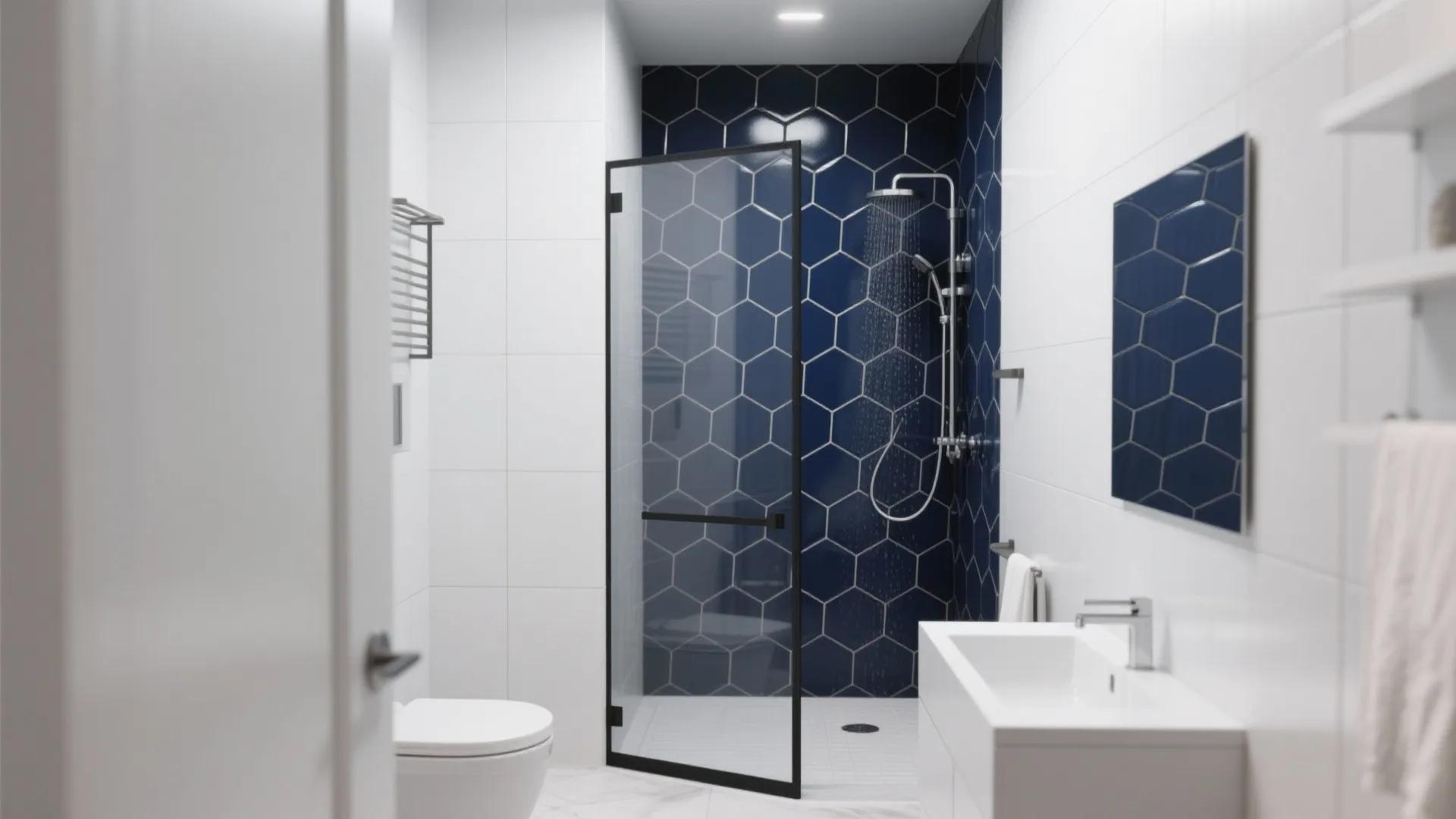 Shower area with bold navy hexagon accent tiles
