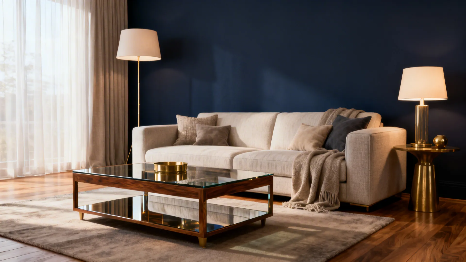 Living room with navy blue wall beige sofa glass coffee table floor lamp and soft rug