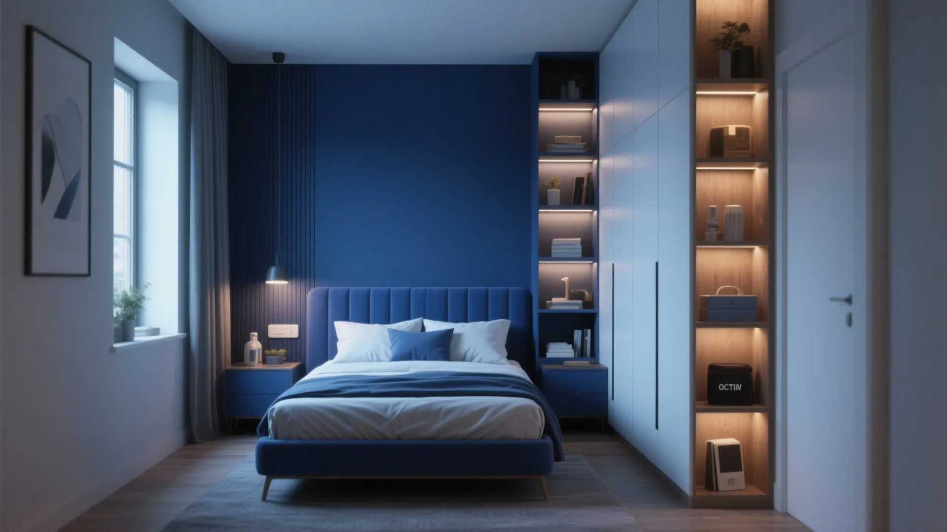 2. Navy Accent Walls with Compact Storage