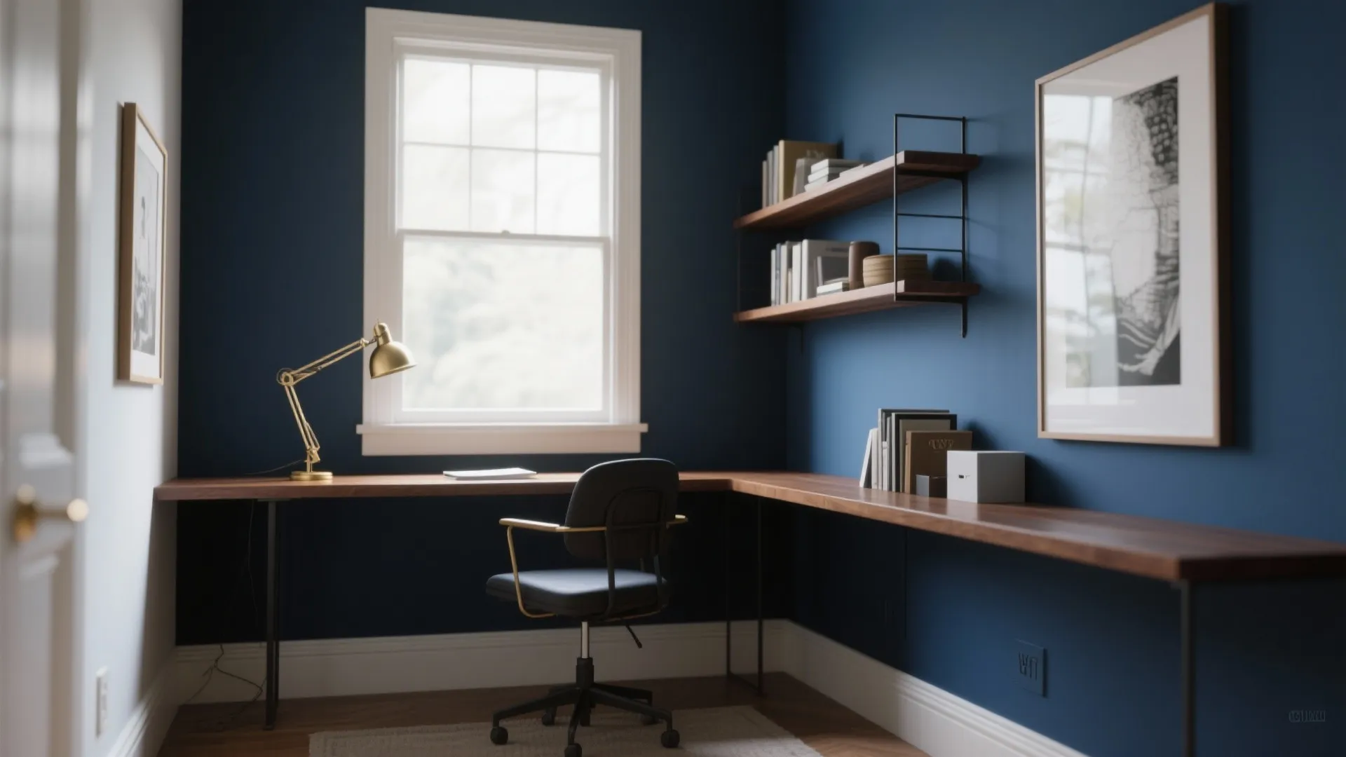Small study with navy accent wall and light wood shelves