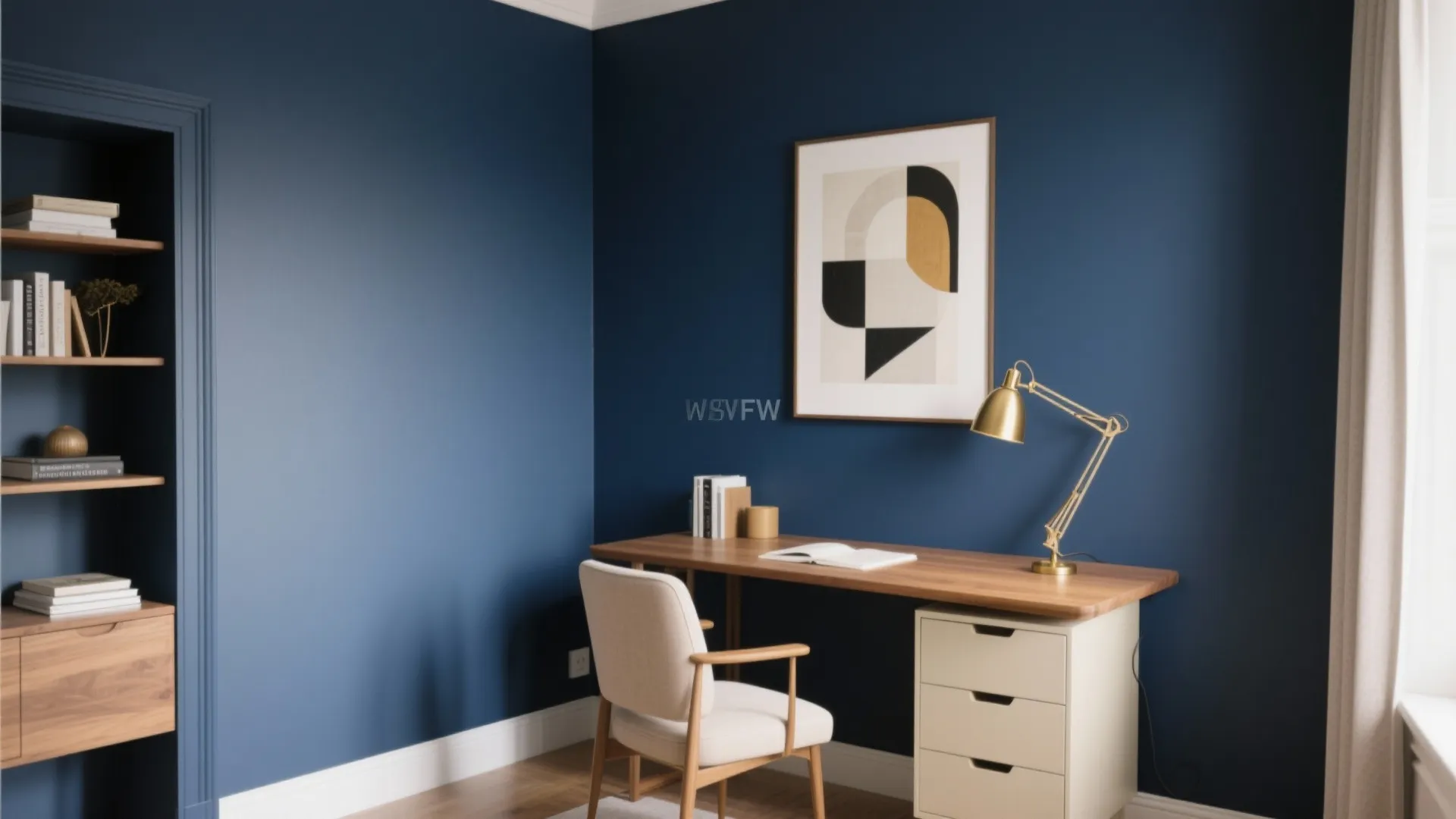 Modern study with navy blue walls wooden desk white chair gold desk lamp and wall art