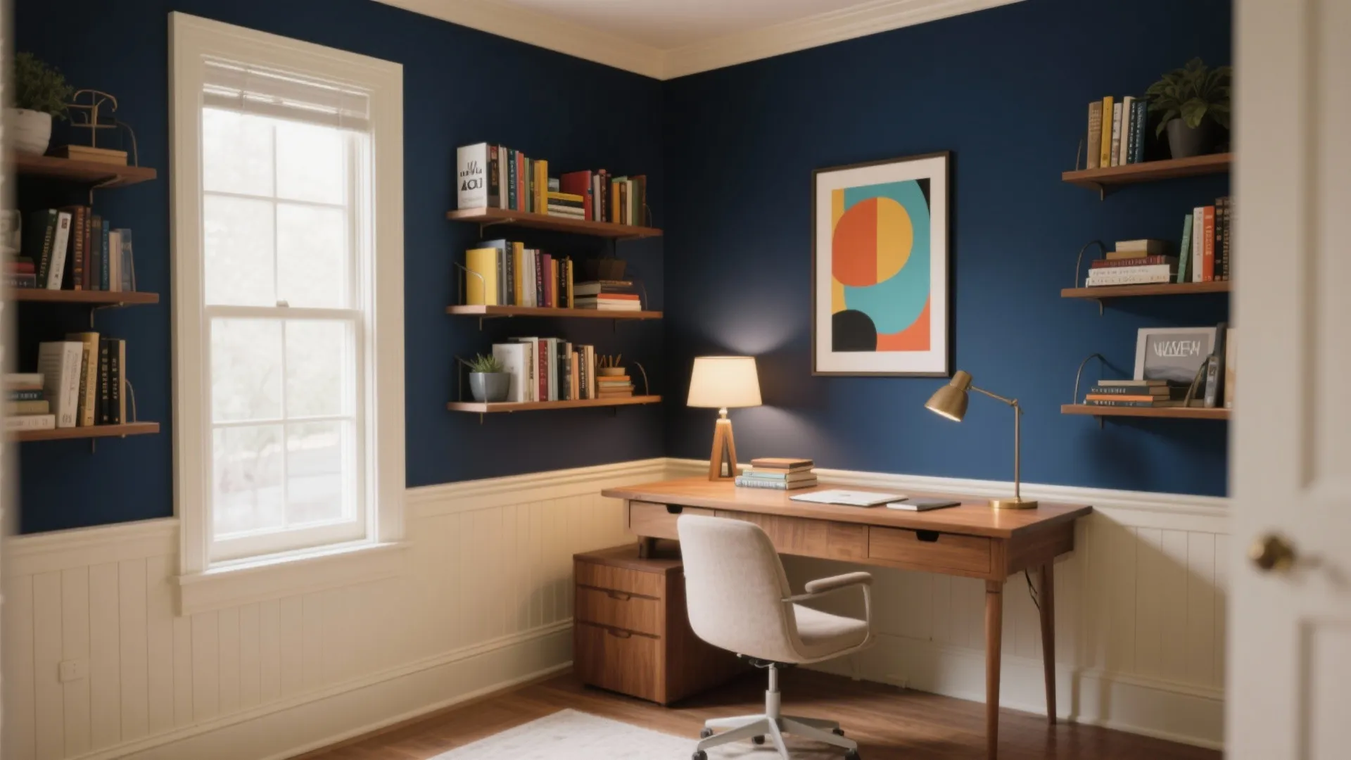 Home office with navy blue walls white wall panels wooden desk chair and bookshelves with lighting
