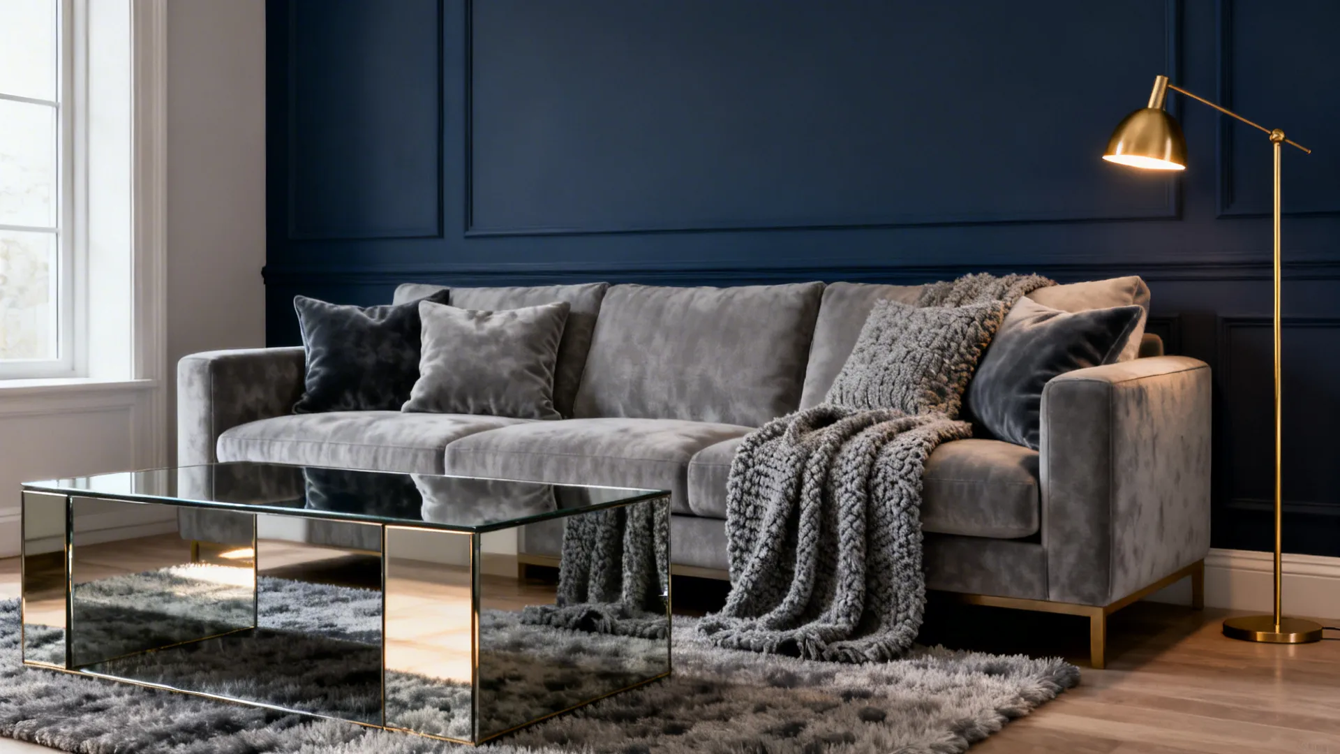 1. Navy Accent Wall with Soft Gray Textures