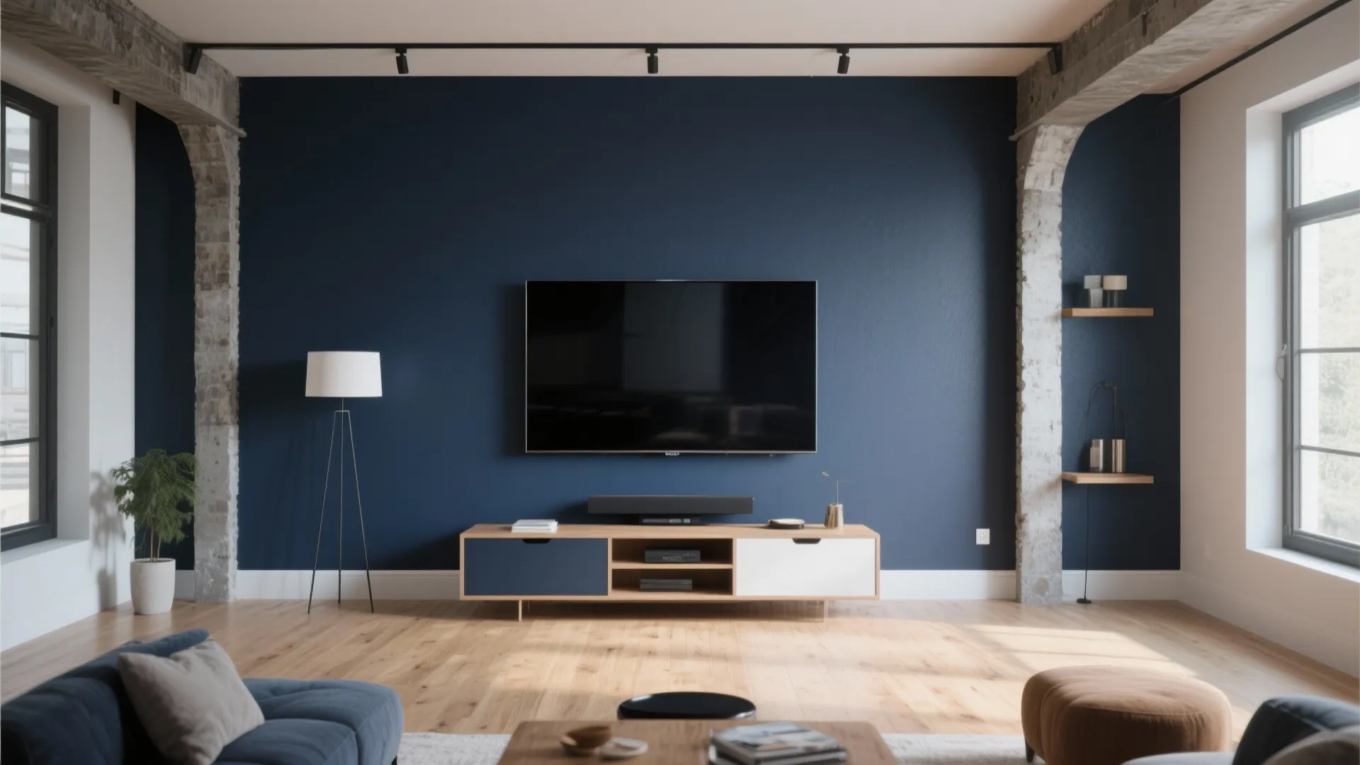 Navy blue accent wall with wall mounted television over a wooden cabinet and floor lamp