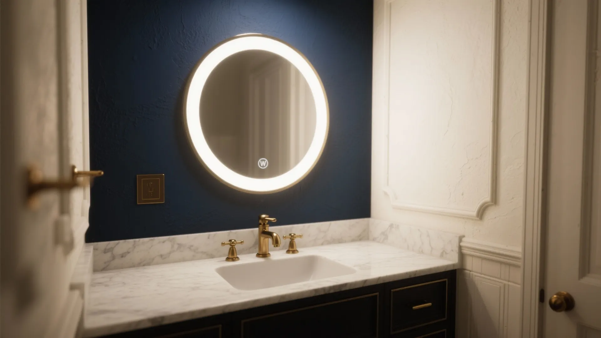 Modern bathroom with round lighted mirror above white marble counter and dark wood bathroom cabinet