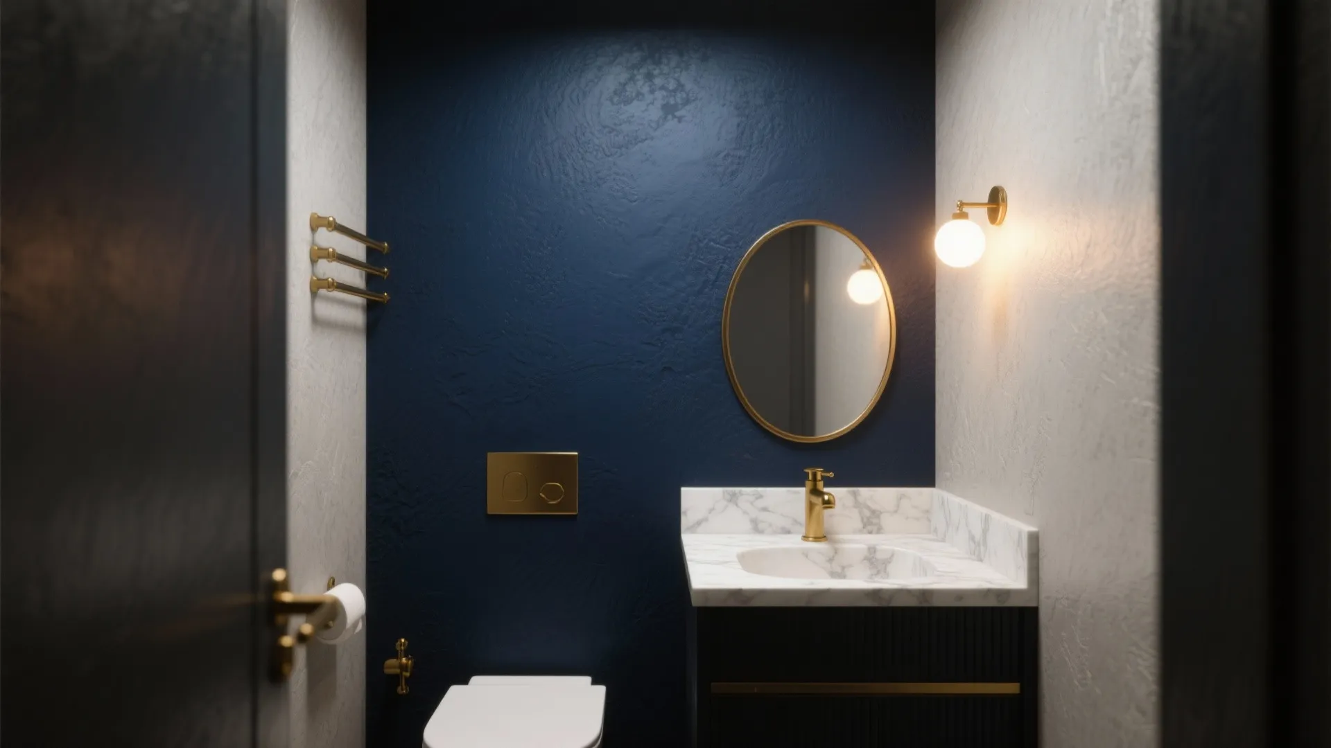 Small bathroom with dark blue textured wall gold wall light oval mirror and white sink