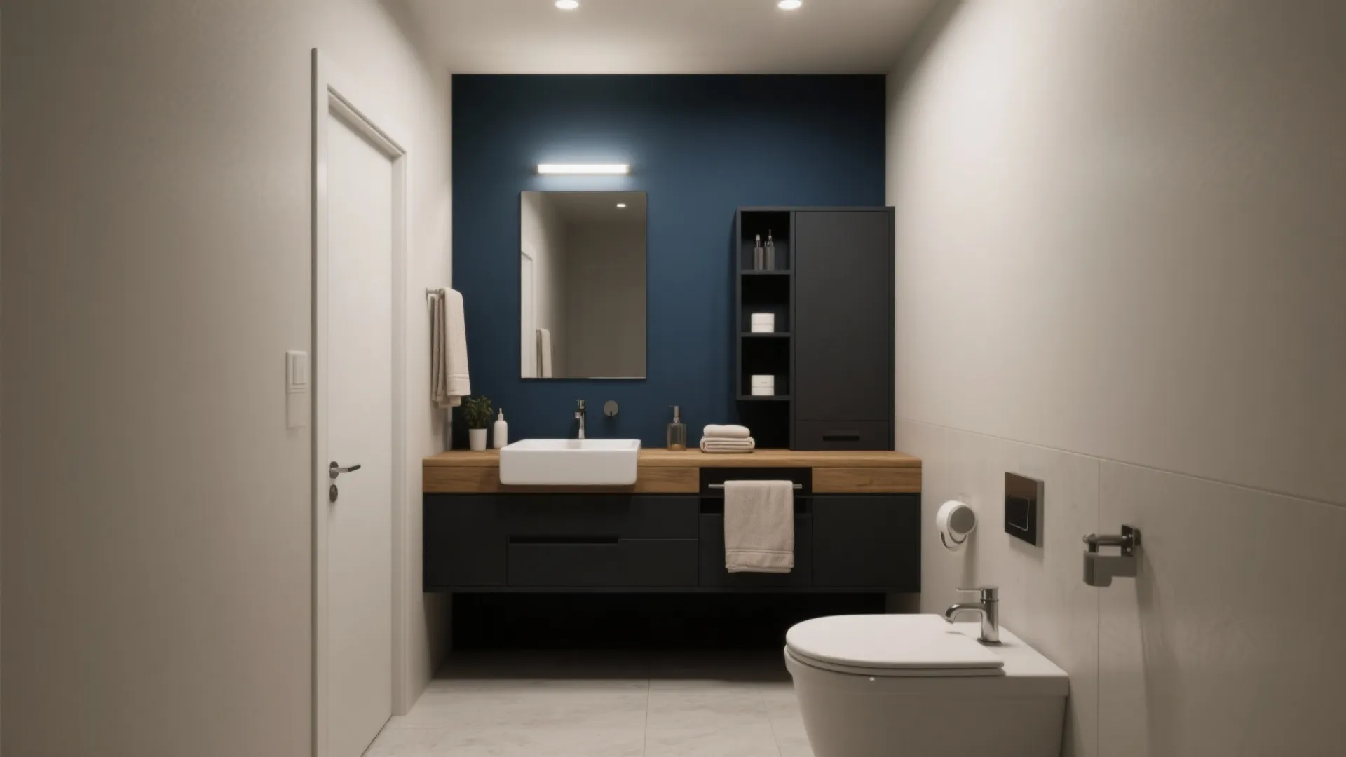 Bathroom interior design drawing with navy blue wall and black cabinet plus a white toilet