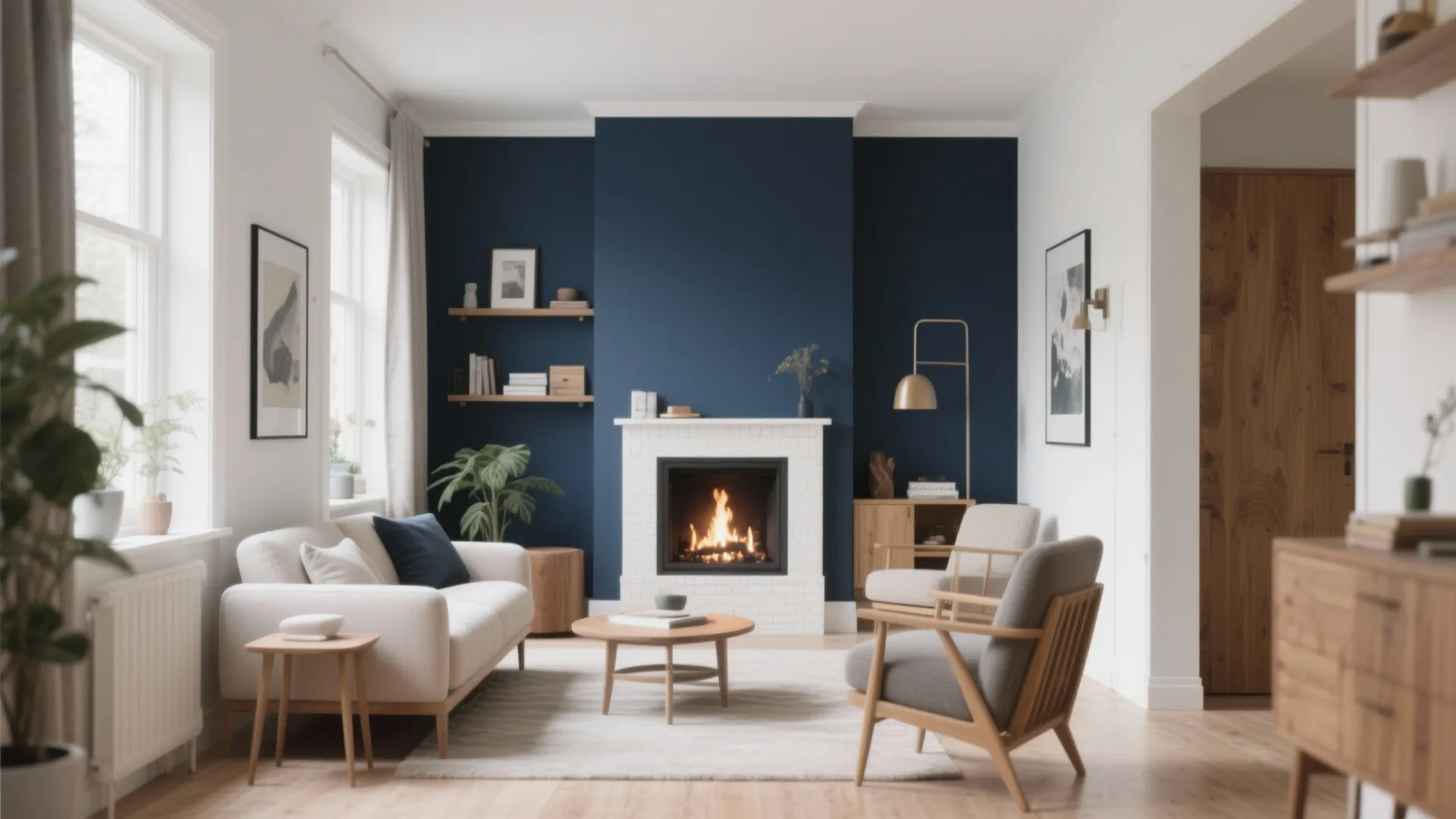 Living room with navy blue wall white fireplace cream sofa wooden coffee table and floor lamp