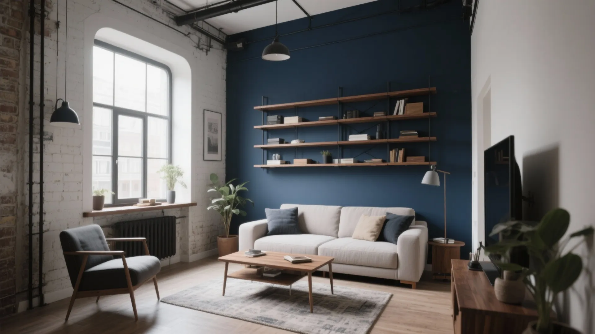 Modern living room with navy blue wall wooden shelves white sofa grey armchair and wood floor